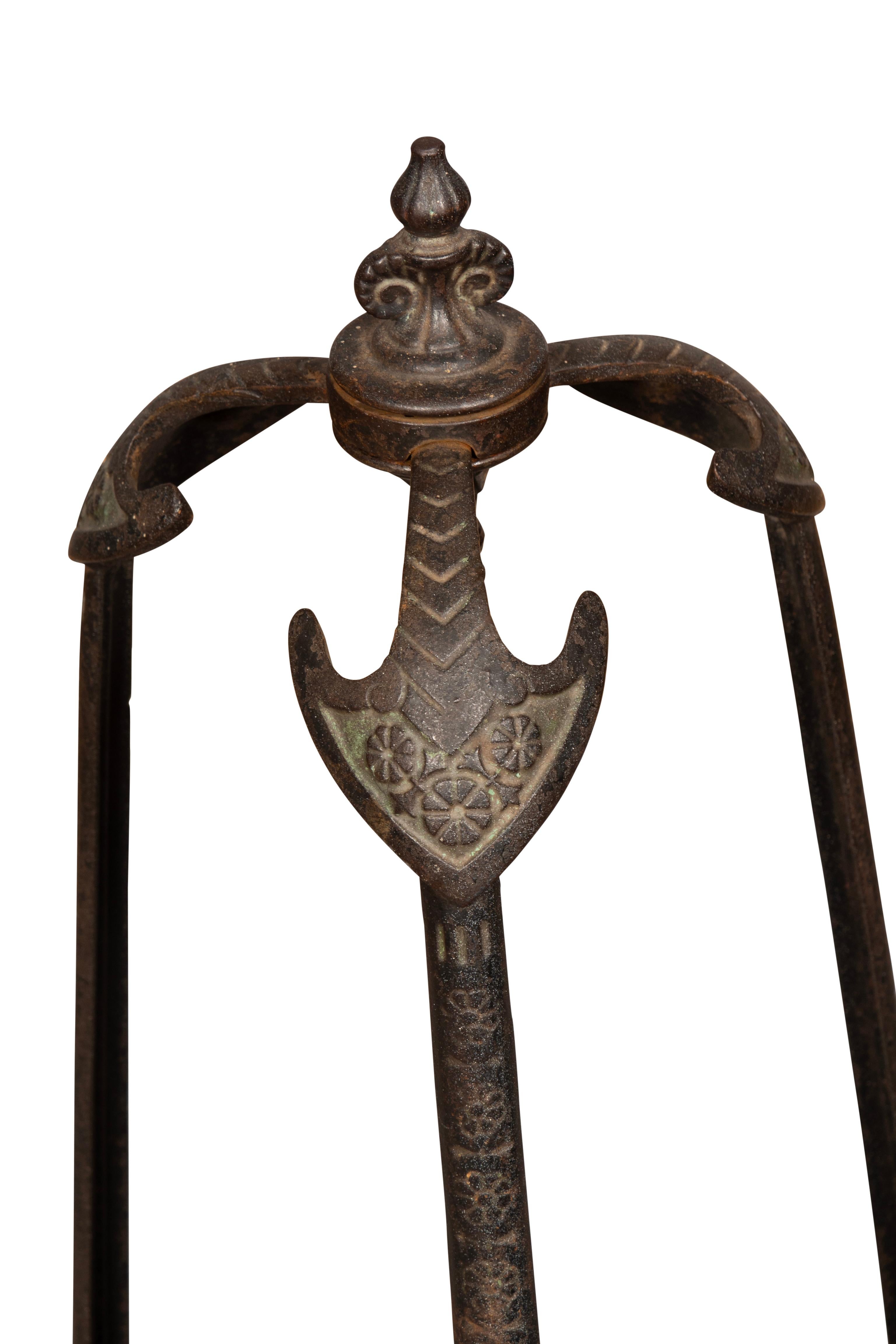 Assyrian Revival Cast Iron Tool Holder With Four Renaissance Revival Firetools For Sale 6