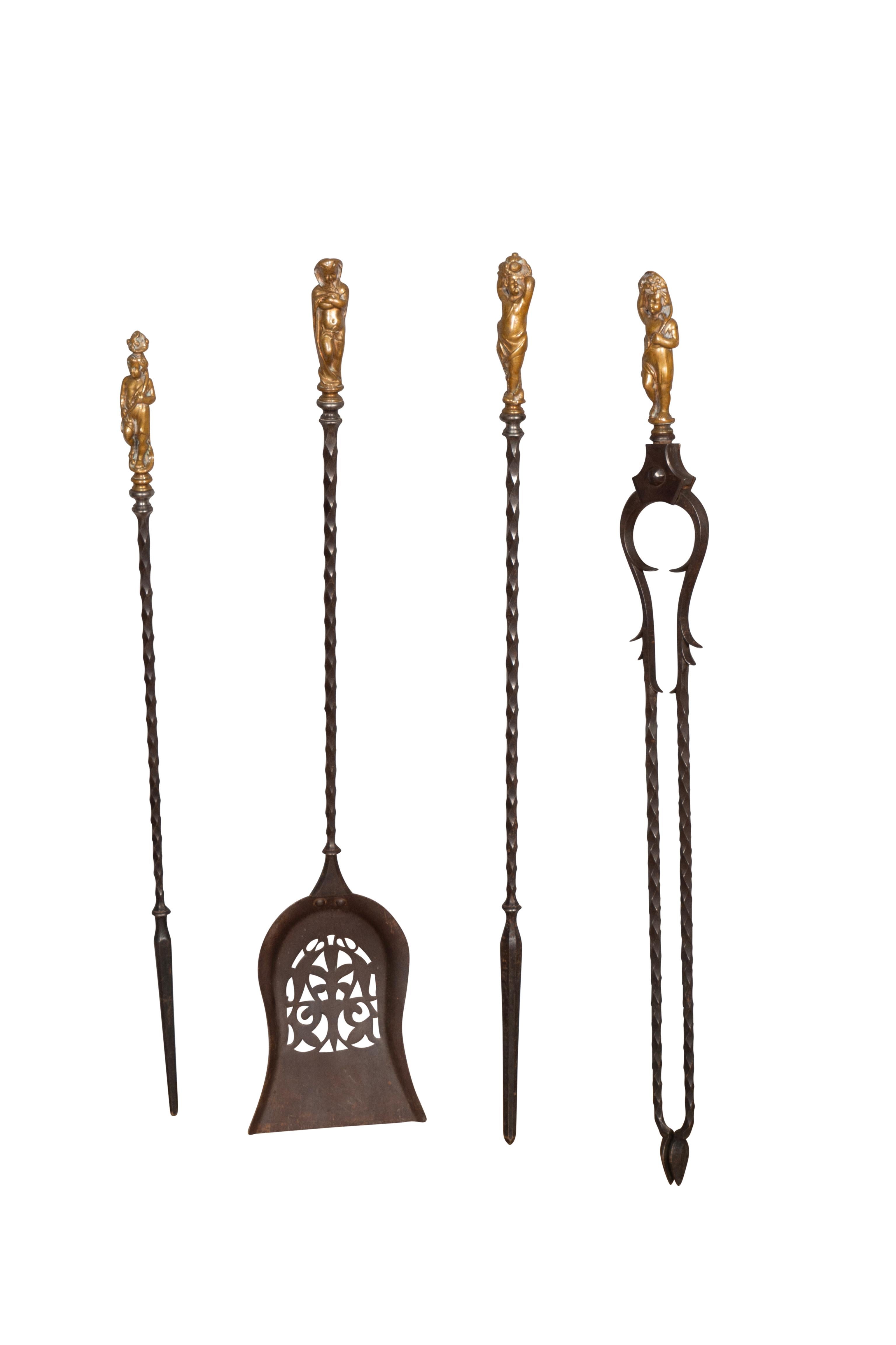 European Assyrian Revival Cast Iron Tool Holder With Four Renaissance Revival Firetools For Sale