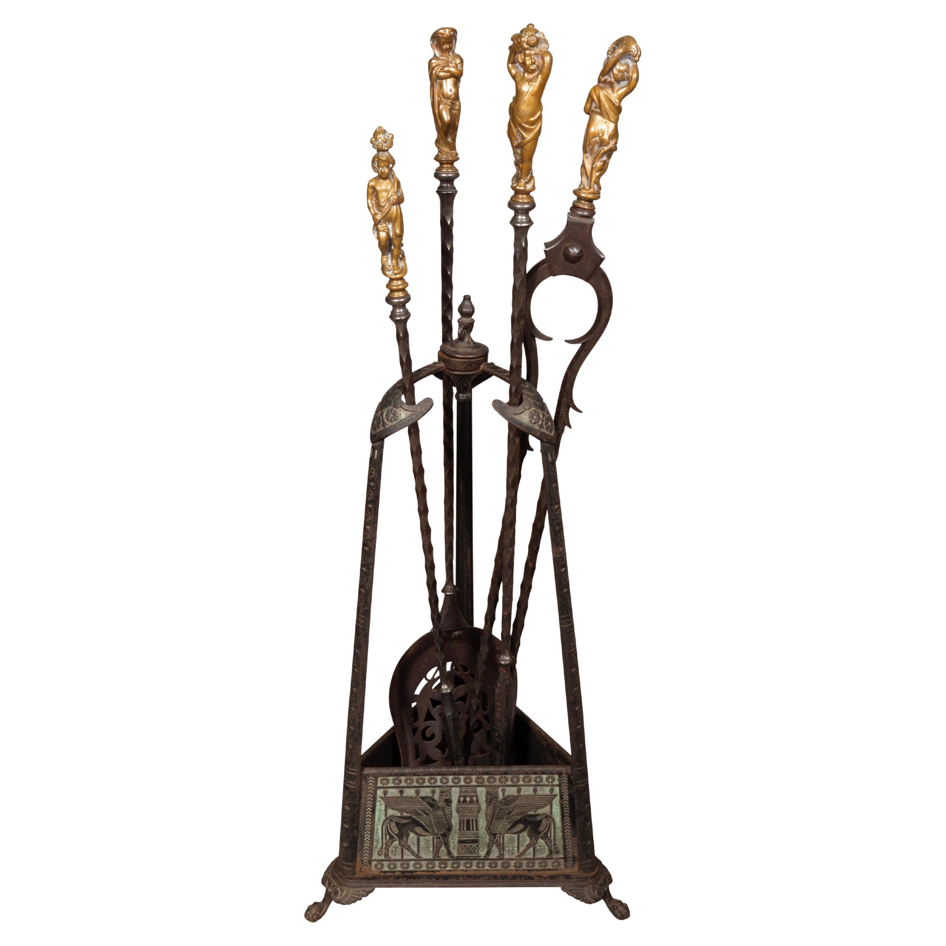 Assyrian Revival Cast Iron Tool Holder With Four Renaissance Revival Firetools For Sale