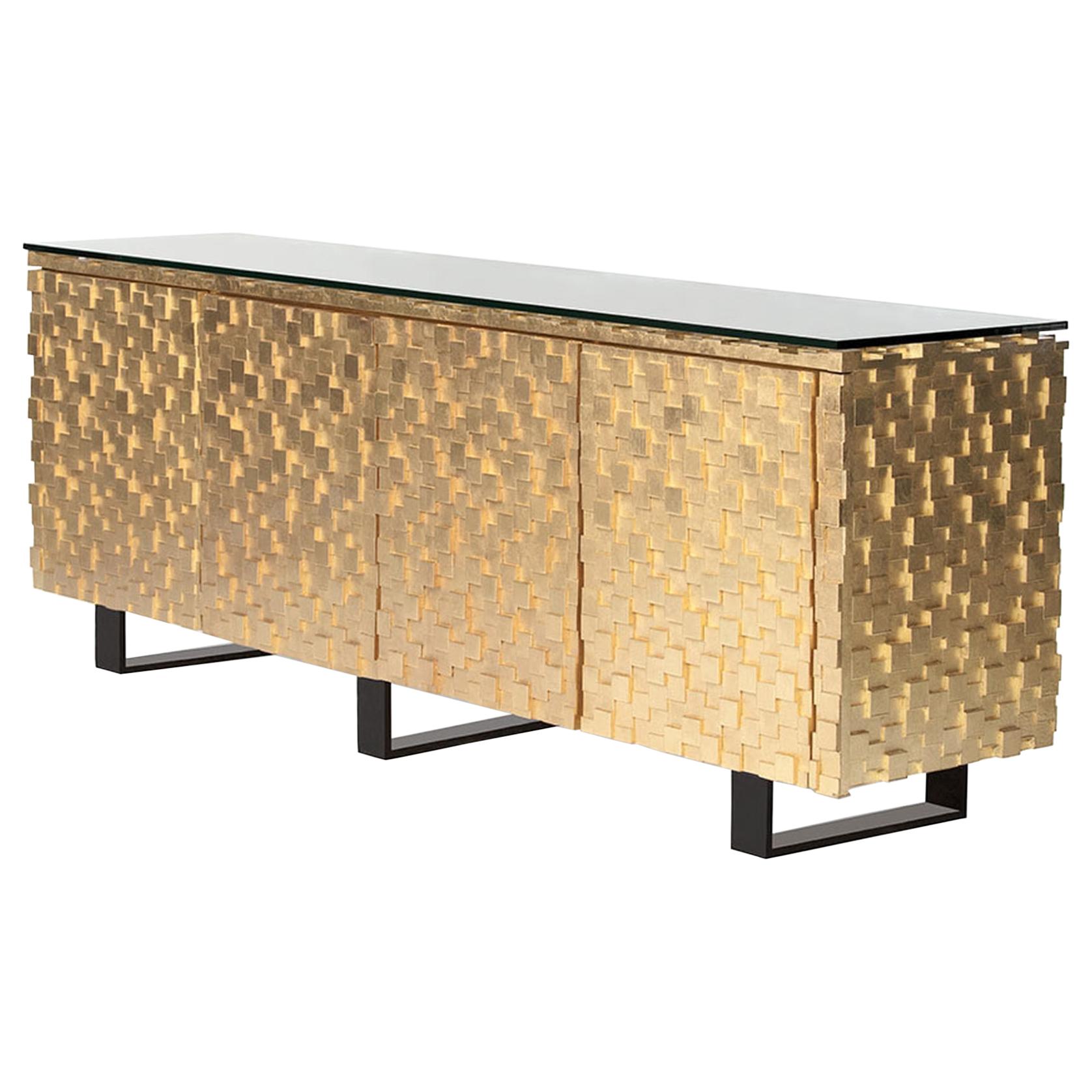 Astaire Credenza in Gold Leaf with Tempered Glass by Innova Luxuxy Group For Sale