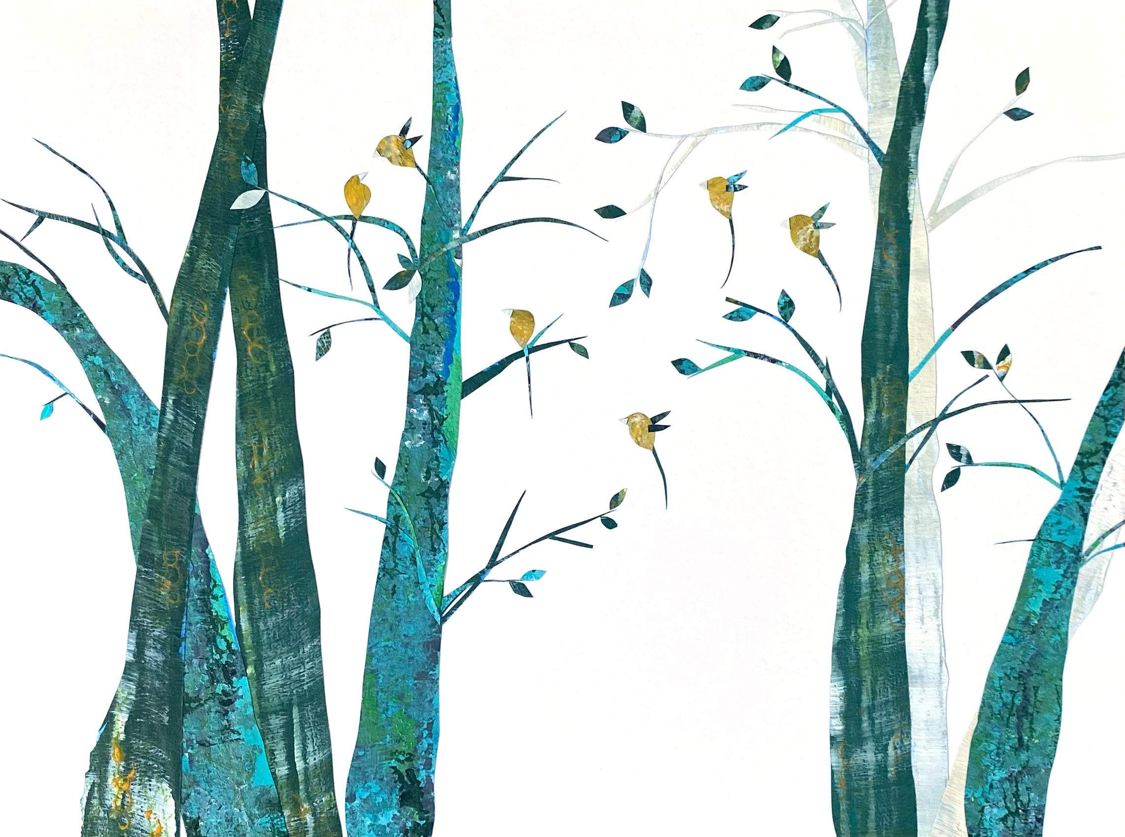 Am ersten Tag des Frühlings I (Collage, Vögel, Landschaft, Bäume, Teal, Blau)