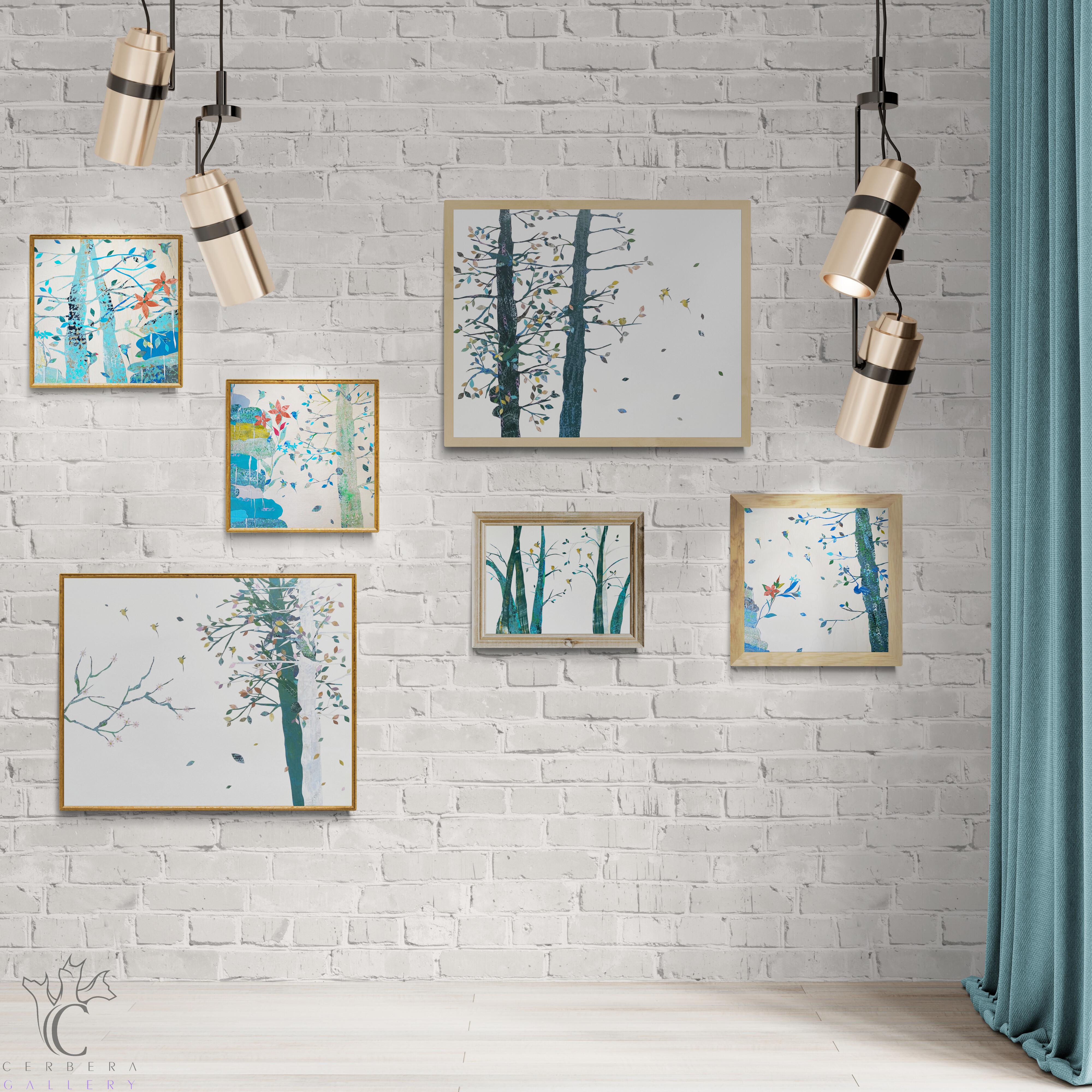 Fledglings (Collage, Birds, Landscape, Trees, Teal, Blue, Green) For Sale 1
