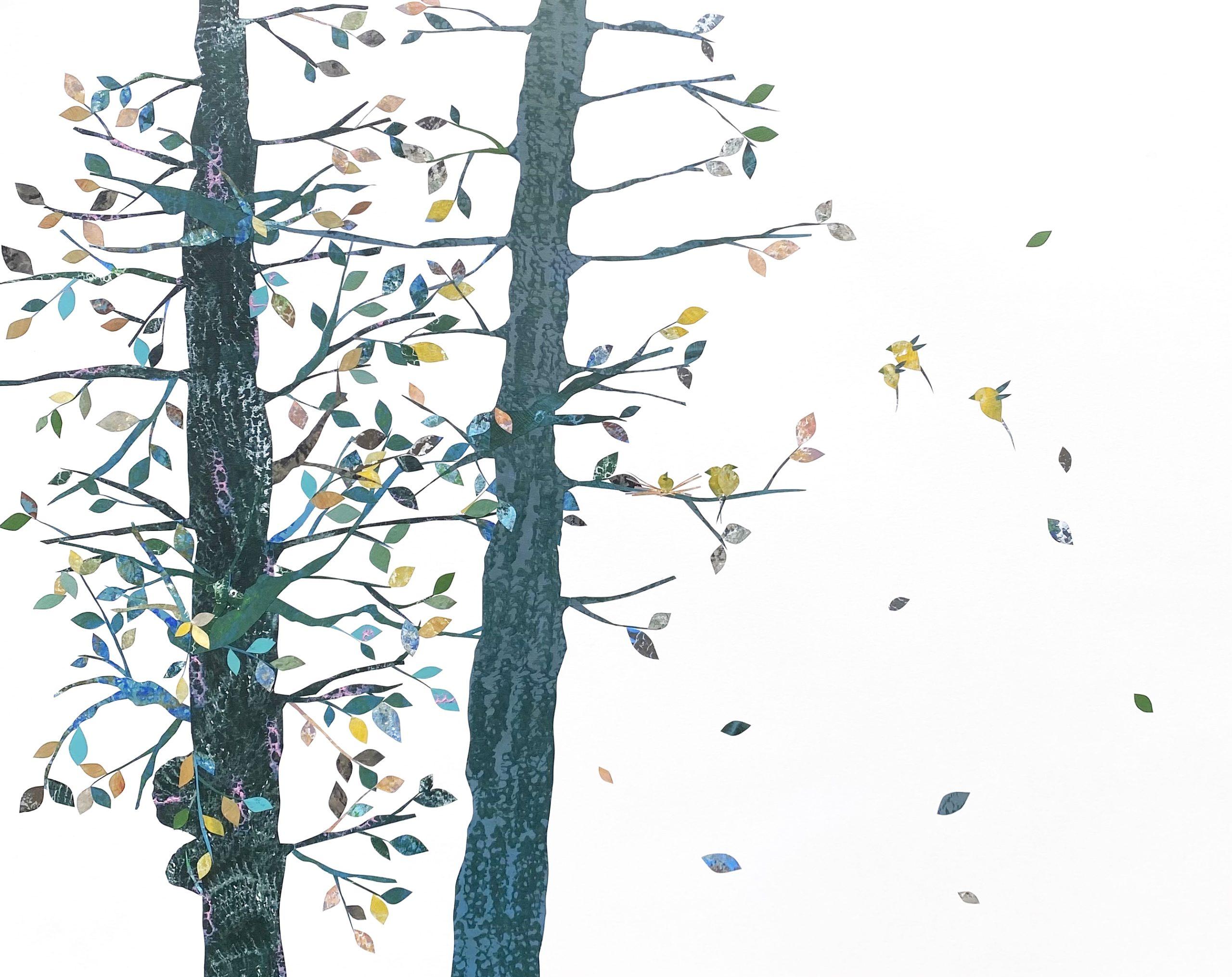 Figurative Painting Aster da Fonseca - Fledglings (Collage, Oiseaux, Paysage, arbres, Sarcelle, Bleu, Vert)