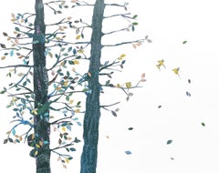 Fledglings (Collage, Vögel, Landschaft, Bäume, Teal, Blau, Grün)
