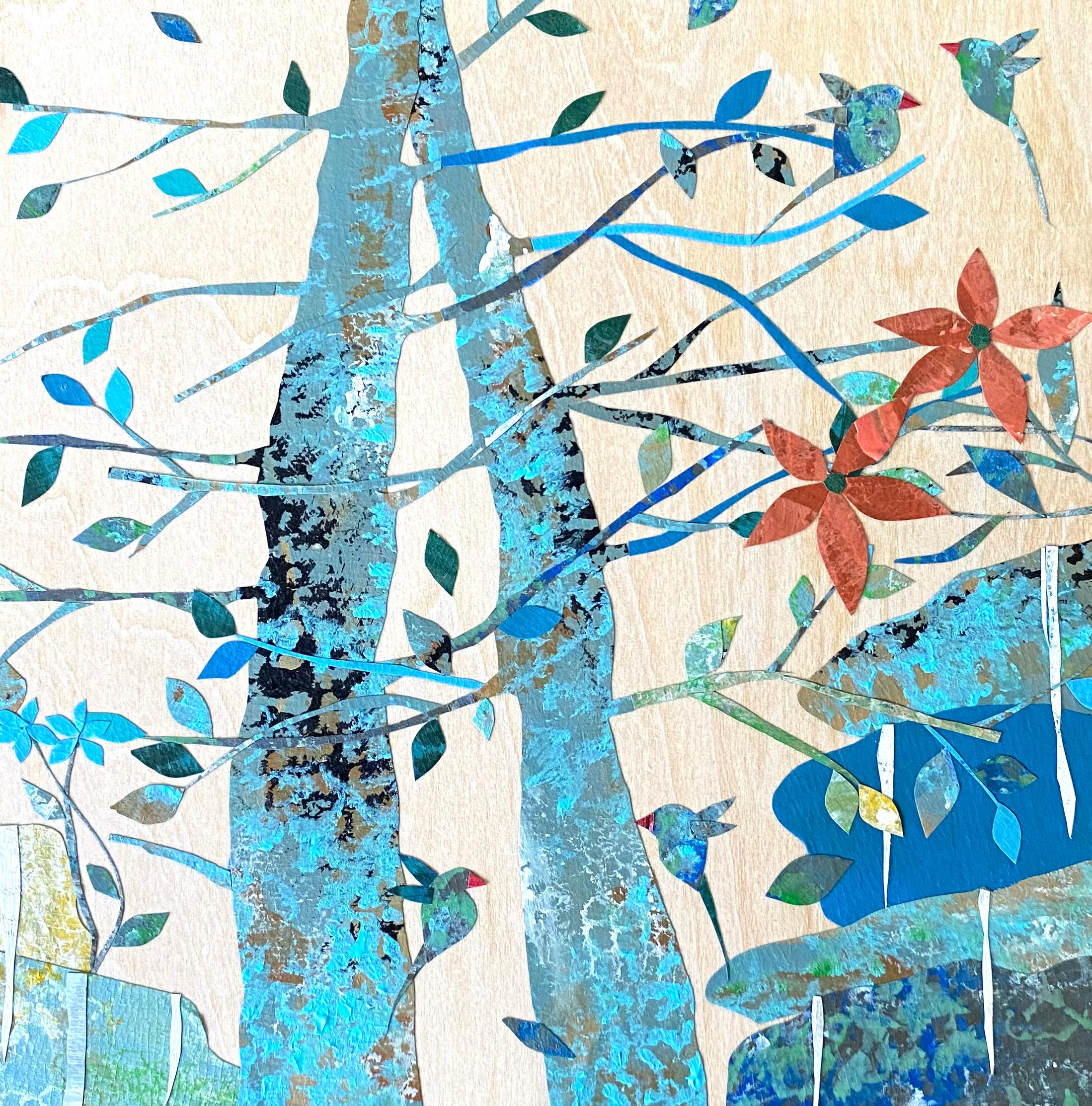 Aster da Fonseca Figurative Painting - Lilies II (Collage, Landscape, Trees, Leaves, Flowers, Blue, Teal, Red, Birds)