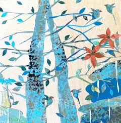 Lilien II (Collage, Landschaft, Bäume, Blätter, Blumen, Blau, Teal, Rot, Vögel)