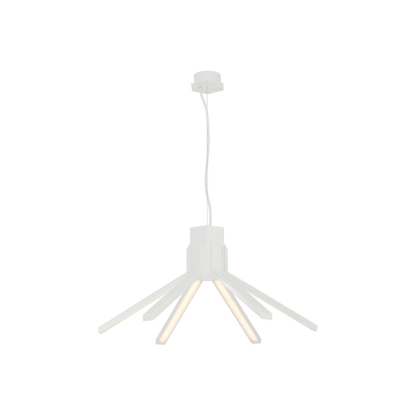 Exuding a refined industrial-chic flair, this gorgeous pendant lamp combines charming matte finishes and clean and sturdy lines. Entirely fashioned of white and natural brass, it features six shades inspired by the image of a 