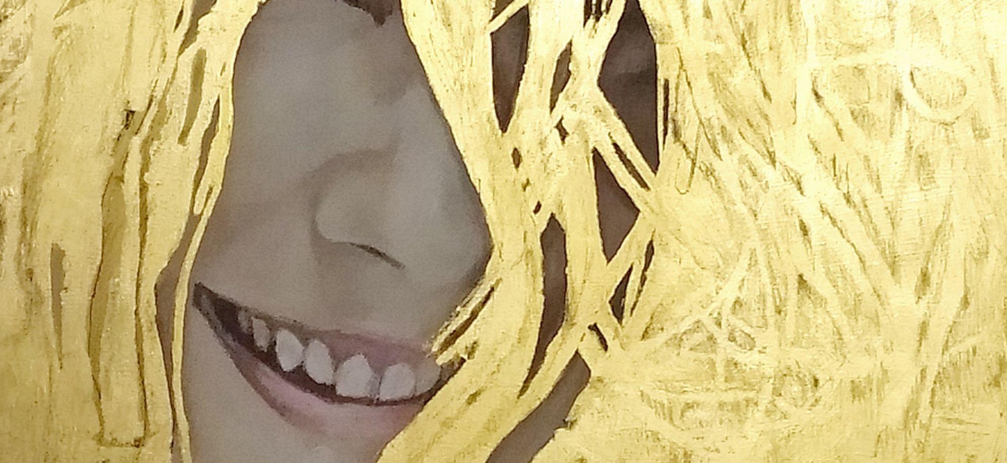 E, mentre si nascondeva dietro la nuvola dorata dei suoi capelli, nessuno era sicuro se stesse nascondendo il suo amore o se lo stesse rivelando...   Olio e foglie d'oro puro, 22K, su legno   :: Tecnica mista :: Moderna :: Questo pezzo viene fornito