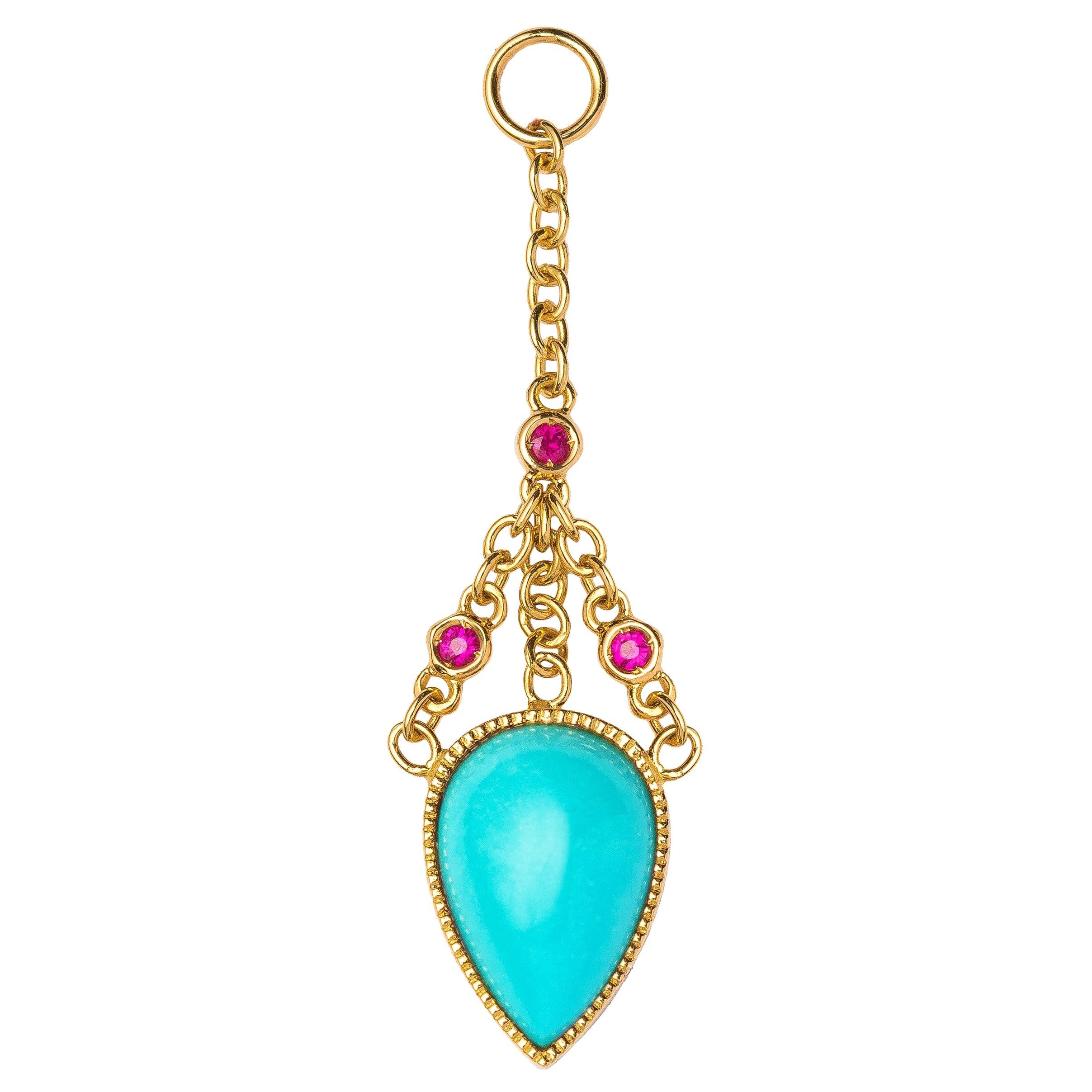 Asterope Single Ear Chain, Turquoise, Rubies, 18 Karat Yellow Gold For Sale
