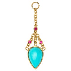 Asterope Single Ear Chain, Turquoise, Rubies, 18 Karat Yellow Gold