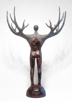 «Espíritu del bosque», escultura figurativa de una escena, acero y acrílico, 2022