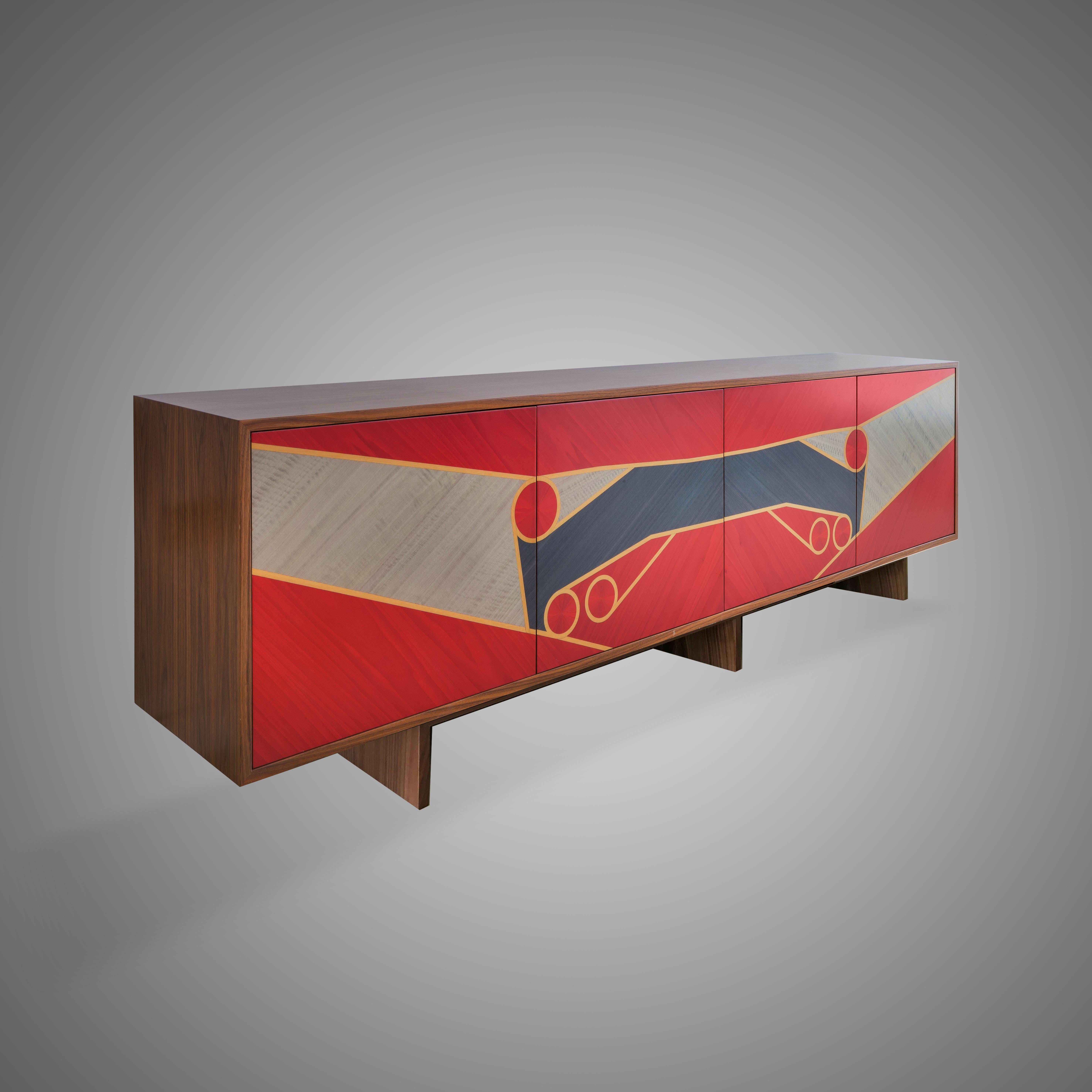 This cabinet is made in walnut wood veneer carcass and legs, oak wood veneer internal shelves, colourful veneer doors

As with all our furniture, this sideboard is made to order and is therefore highly customisable, including in size and finish. The