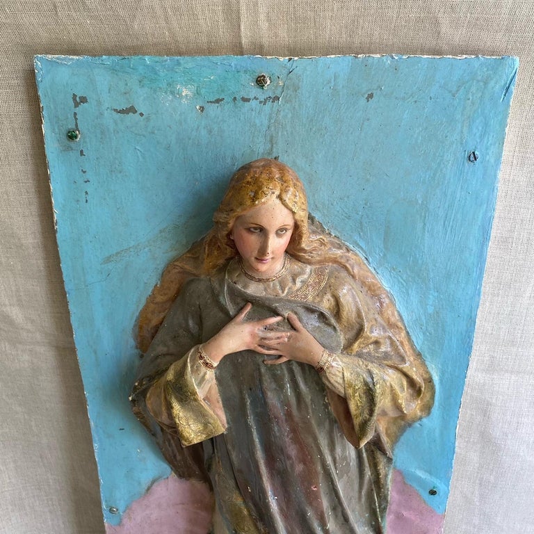 Spanish Colonial Astonishing 19th Century Porcelain Sculpted Madonna Wall Sculpture For Sale