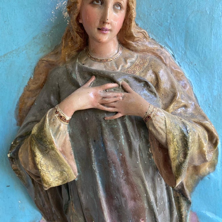 Astonishing 19th Century Porcelain Sculpted Madonna Wall Sculpture For Sale 2