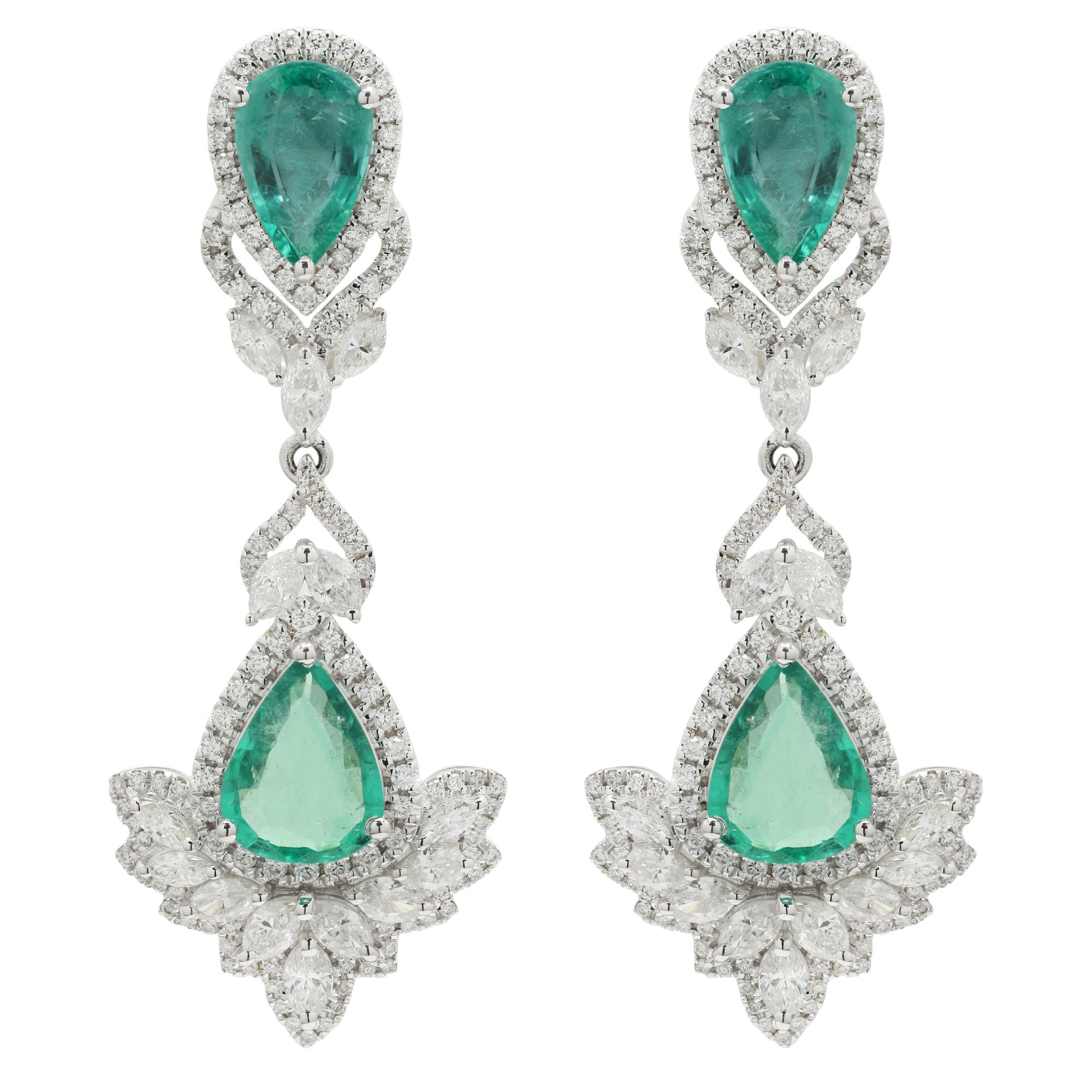 Astonishing 4.23 Ct Emerald and Diamond Wedding Earrings Set in 14K White Gold For Sale