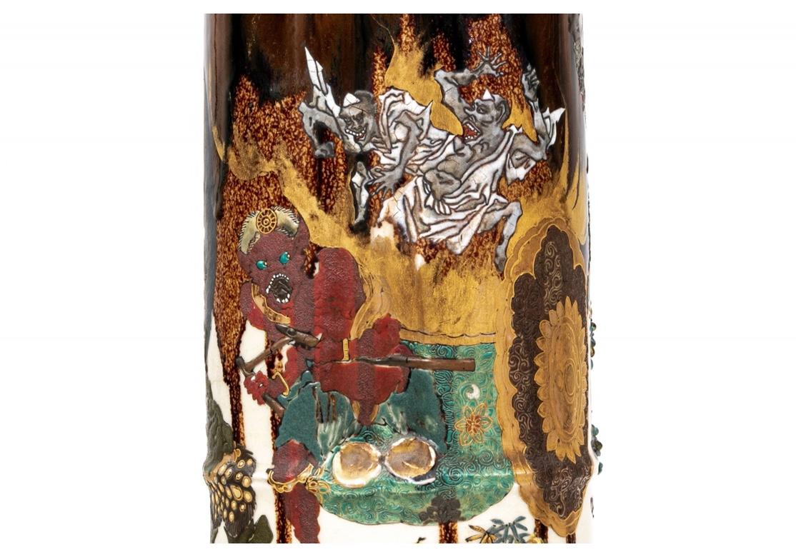 Astonishing Pair of Japanese Glazed Jars with Mythological Scenes as Table Lamps For Sale 4