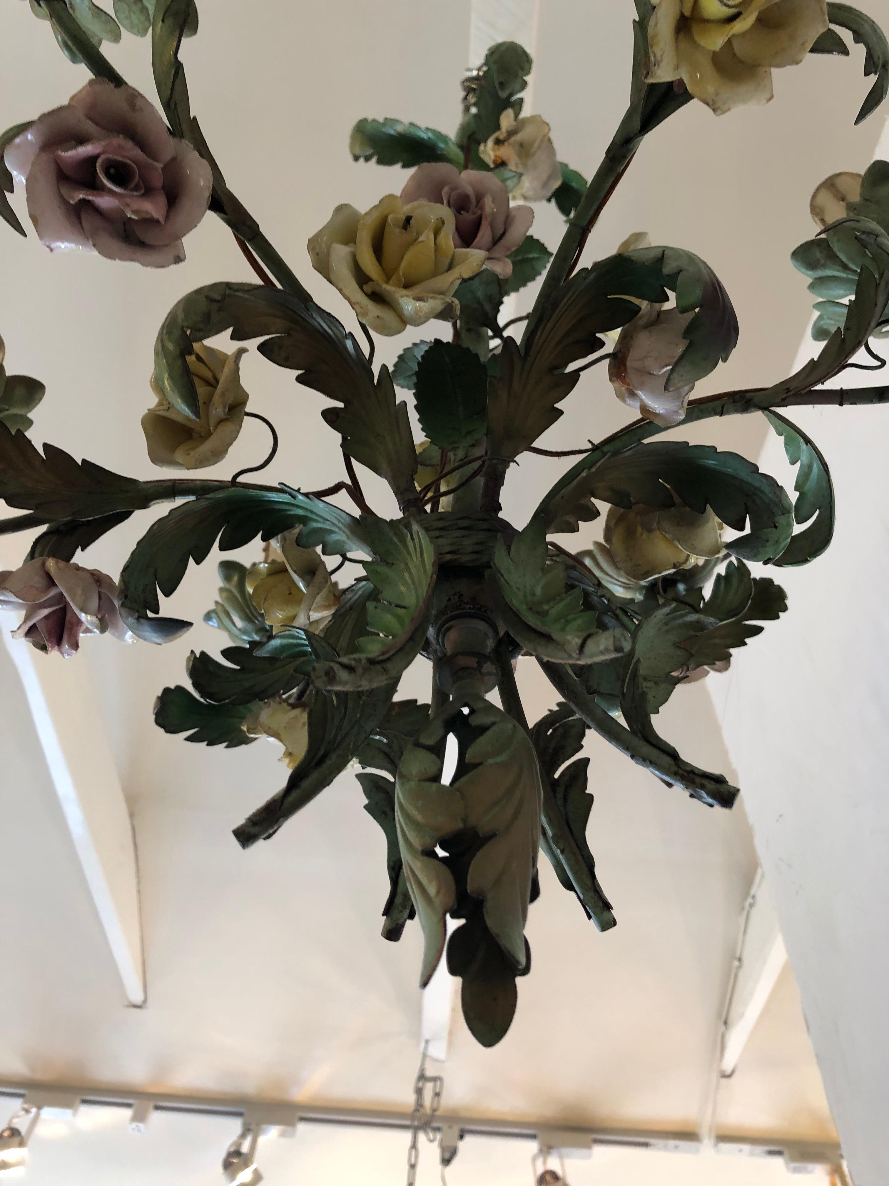 Astonishingly Pretty French Iron & Tole Painted Chandelier  5