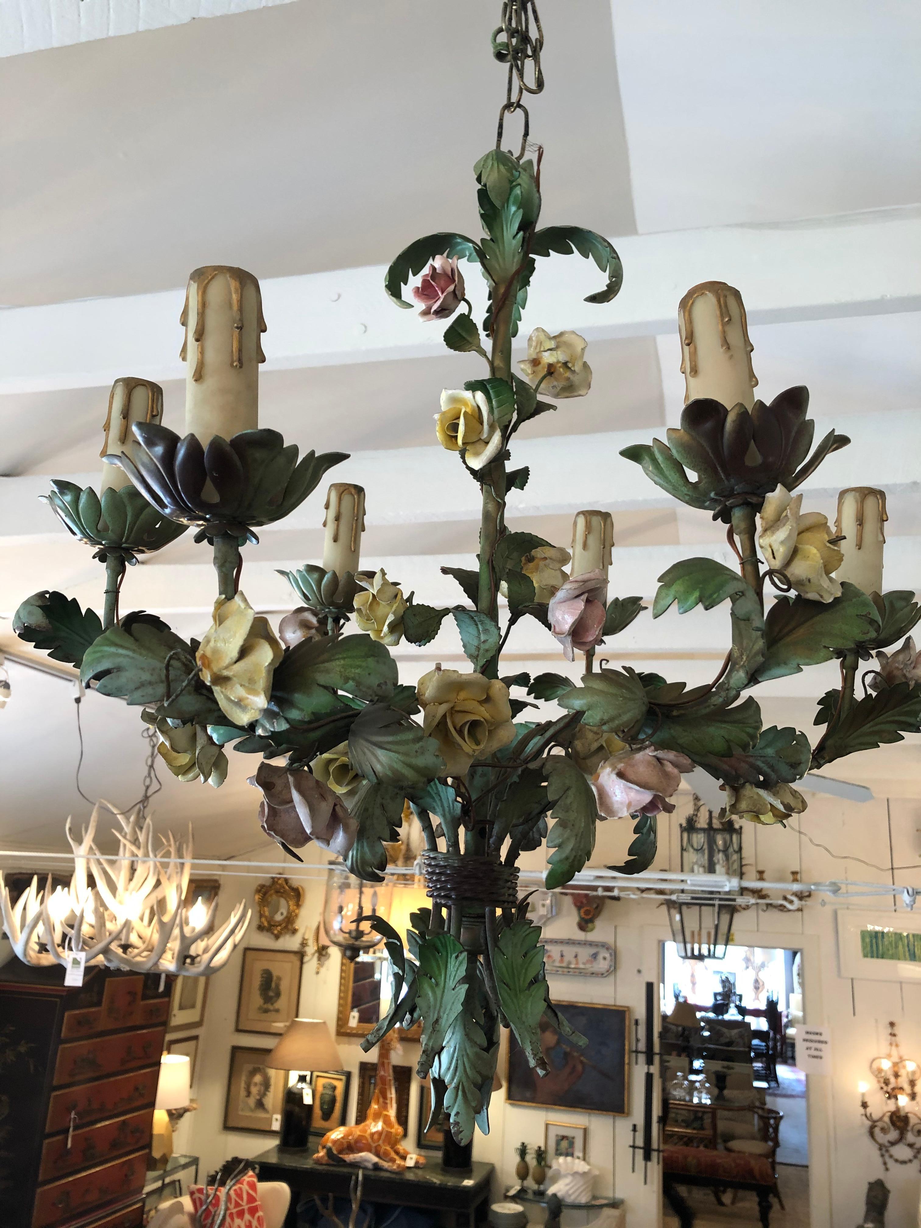 Astonishingly Pretty French Iron & Tole Painted Chandelier  6