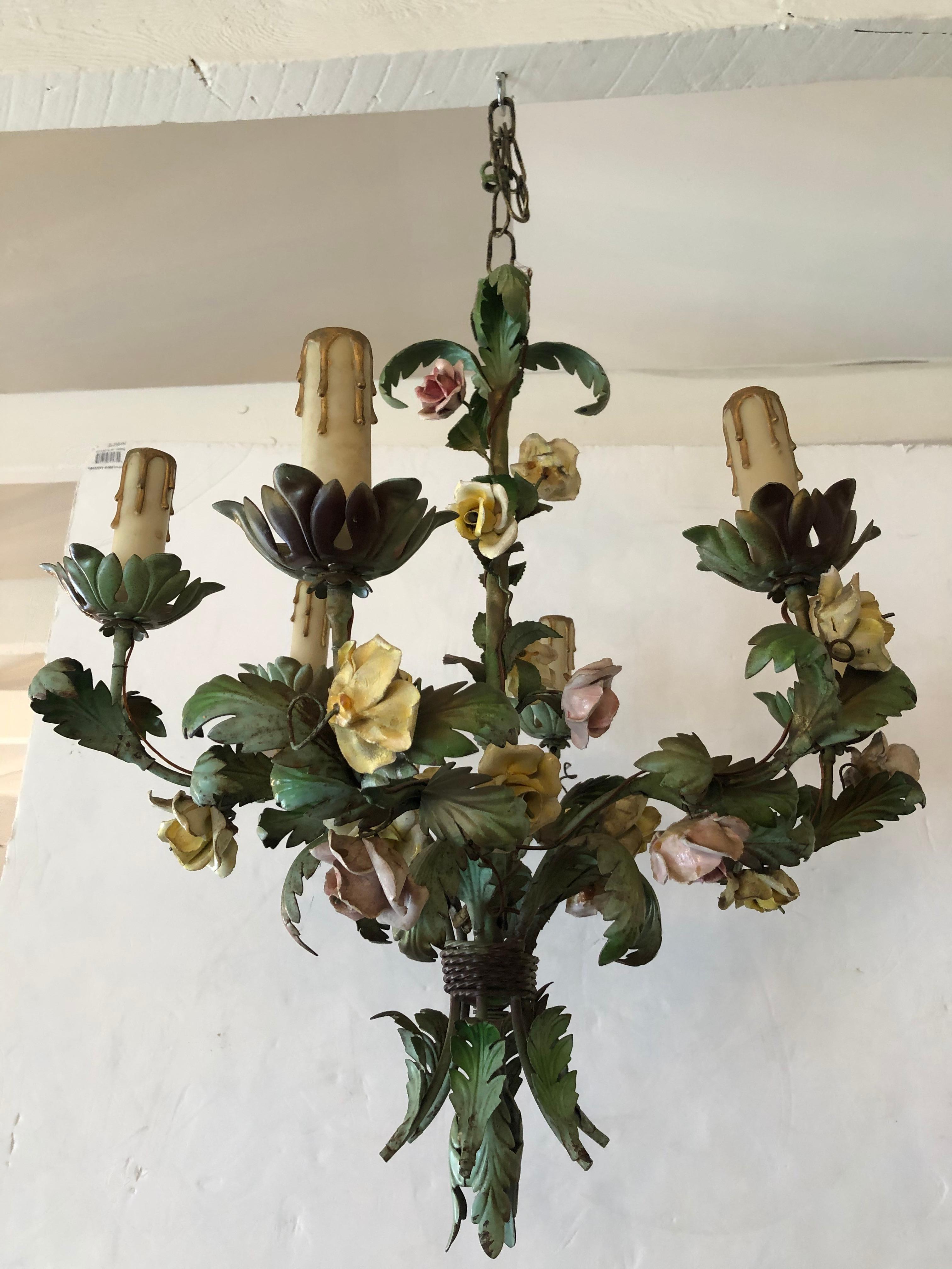 Astonishingly Pretty French Iron & Tole Painted Chandelier  7