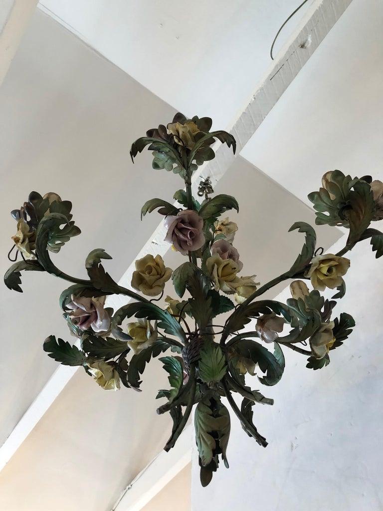Astonishingly Pretty French Iron & Tole Painted Chandelier  In Good Condition In Hopewell, NJ