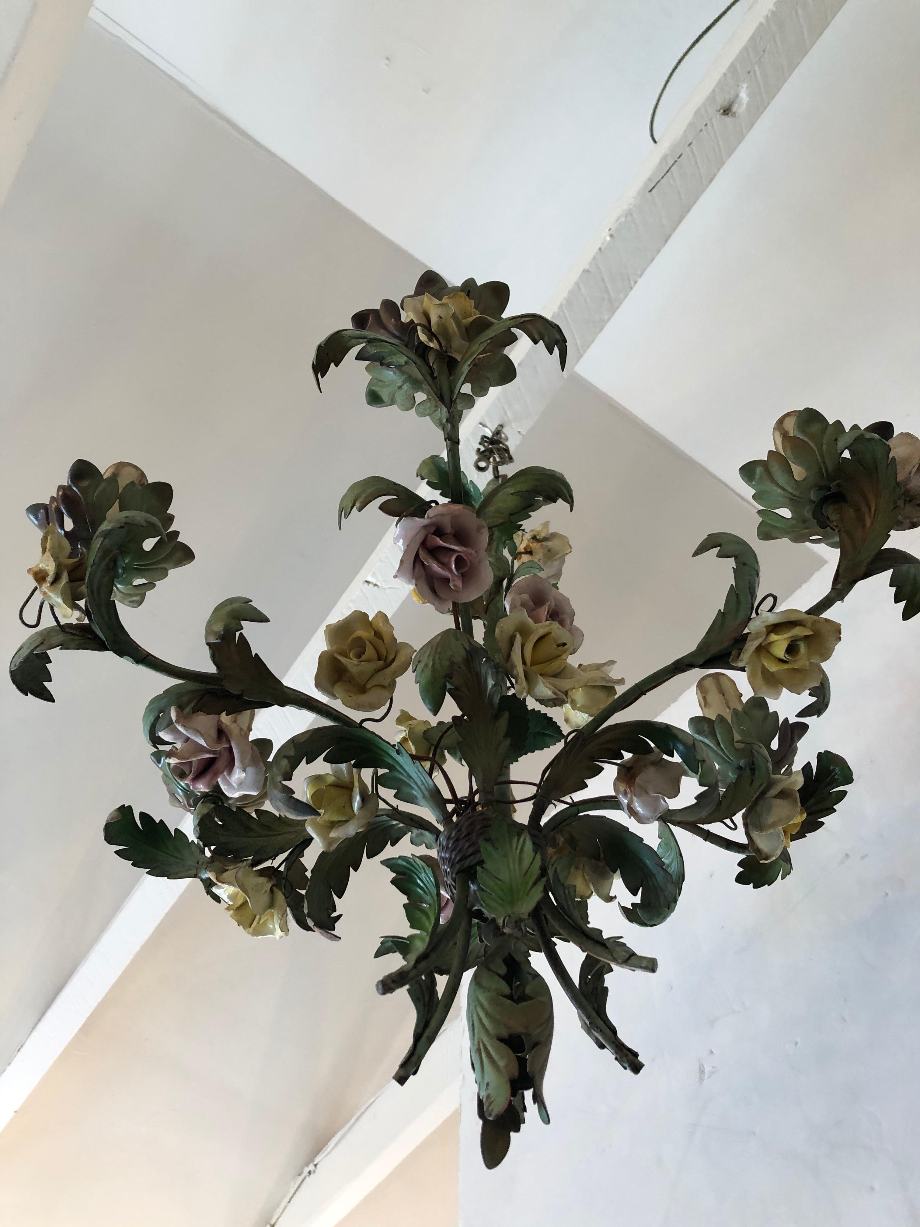Metal Astonishingly Pretty French Iron & Tole Painted Chandelier 