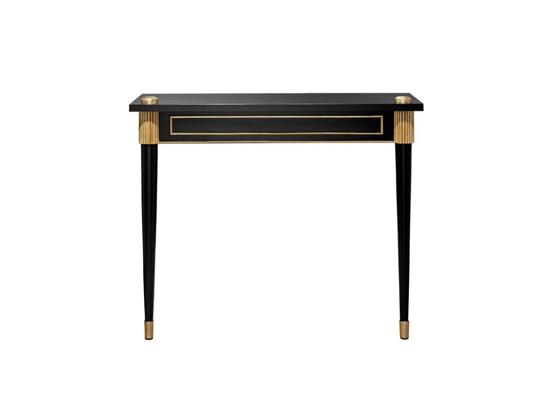 Astor console
Dimensions: 40”W. X 15” D. X 32” H. 
Finish: Black lacquer and gold accents 


Designed by Eva Quateman
handmade in Chicago by top craftsmen
Custom size/finish prices upon request 

Mirror not included.
                