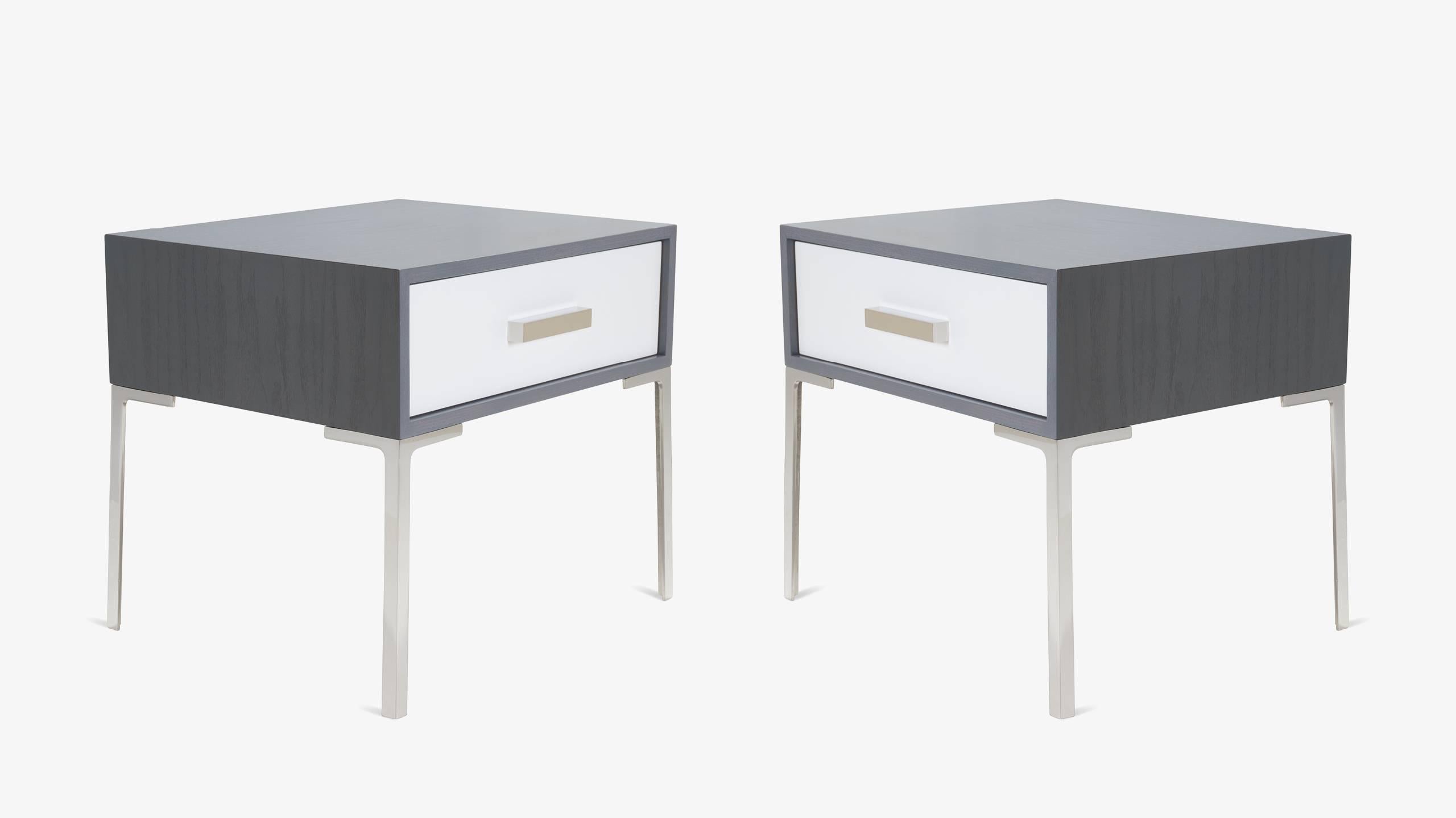 A stunning iteration of our Astor Nightstands by Montage featuring sleek nickel-plated hardware and introducing a new finish: Oak in Washed Gray. Astor is among many pieces in the Montage Studio Collection, designed with the Mid-Century in mind
