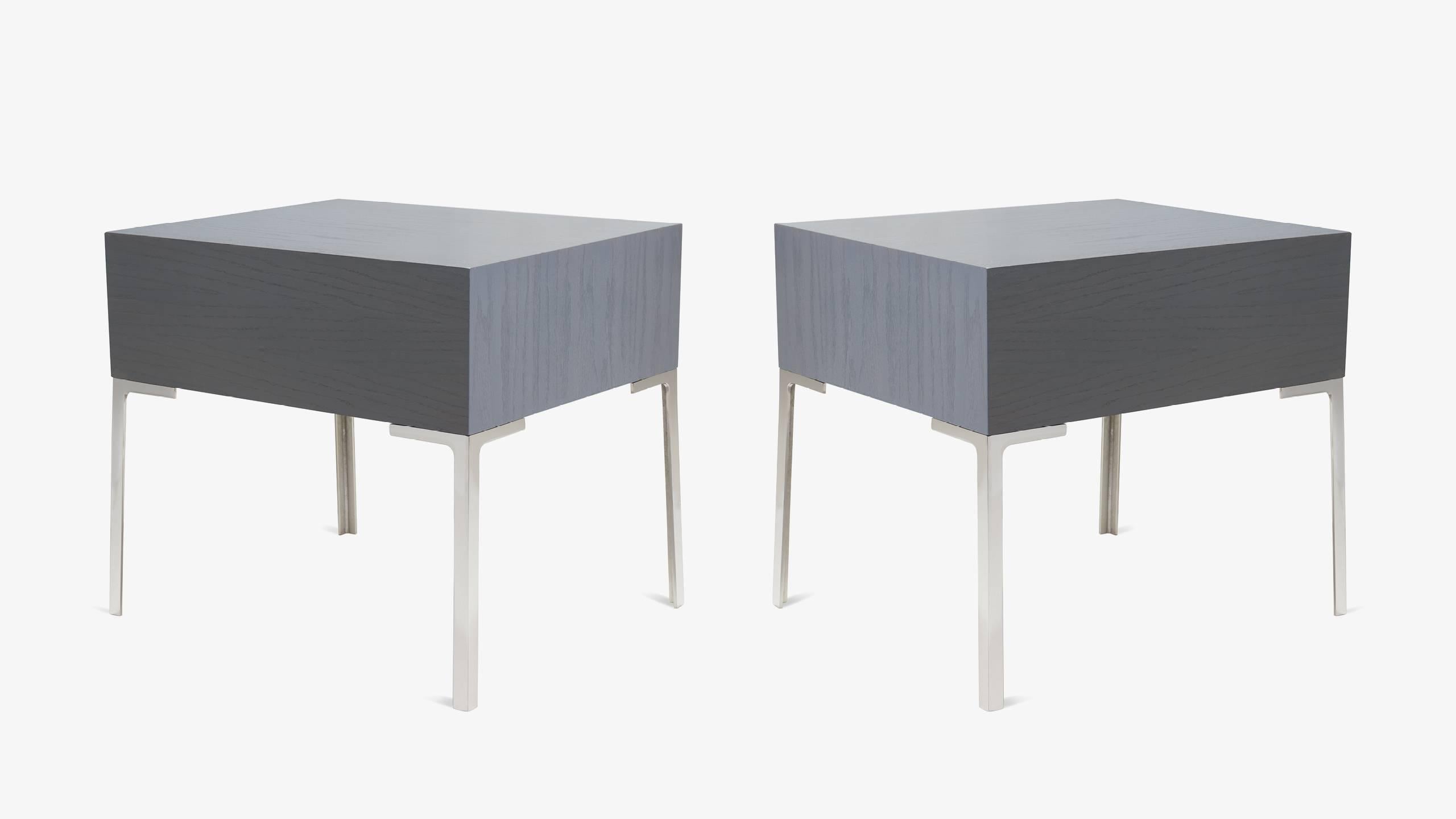 Mid-Century Modern Astor Nickel Nightstands in Washed Gray Oak by Montage, Pair For Sale