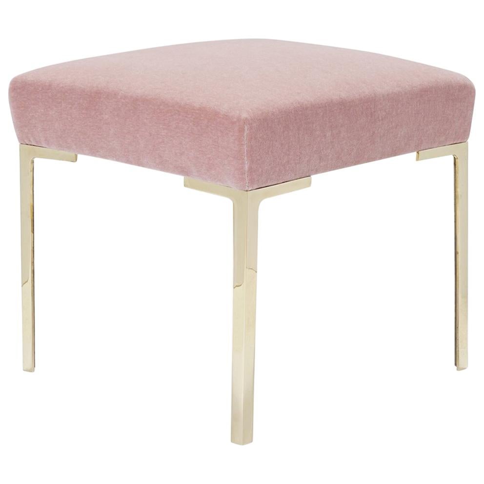 Astor Petite Brass Ottoman in Blush Mohair by Montage For Sale