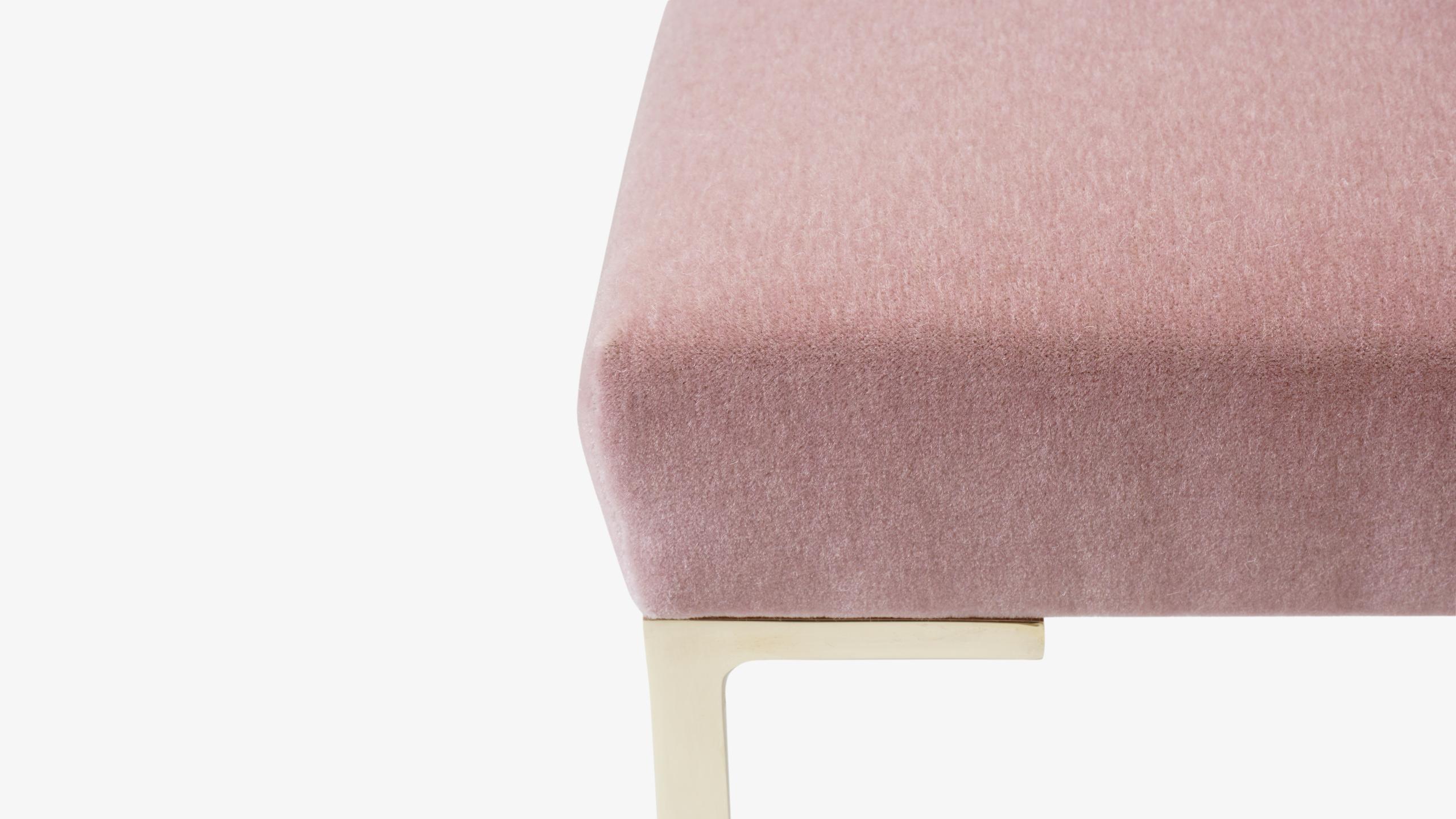 Polished Astor Petite Brass Ottomans in Blush Mohair by Montage, Pair For Sale