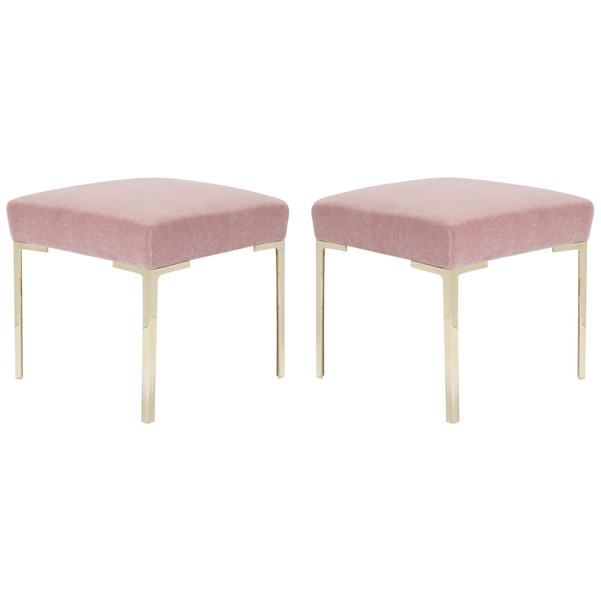 Astor Petite Brass Ottomans in Blush Mohair by Montage, Pair For Sale