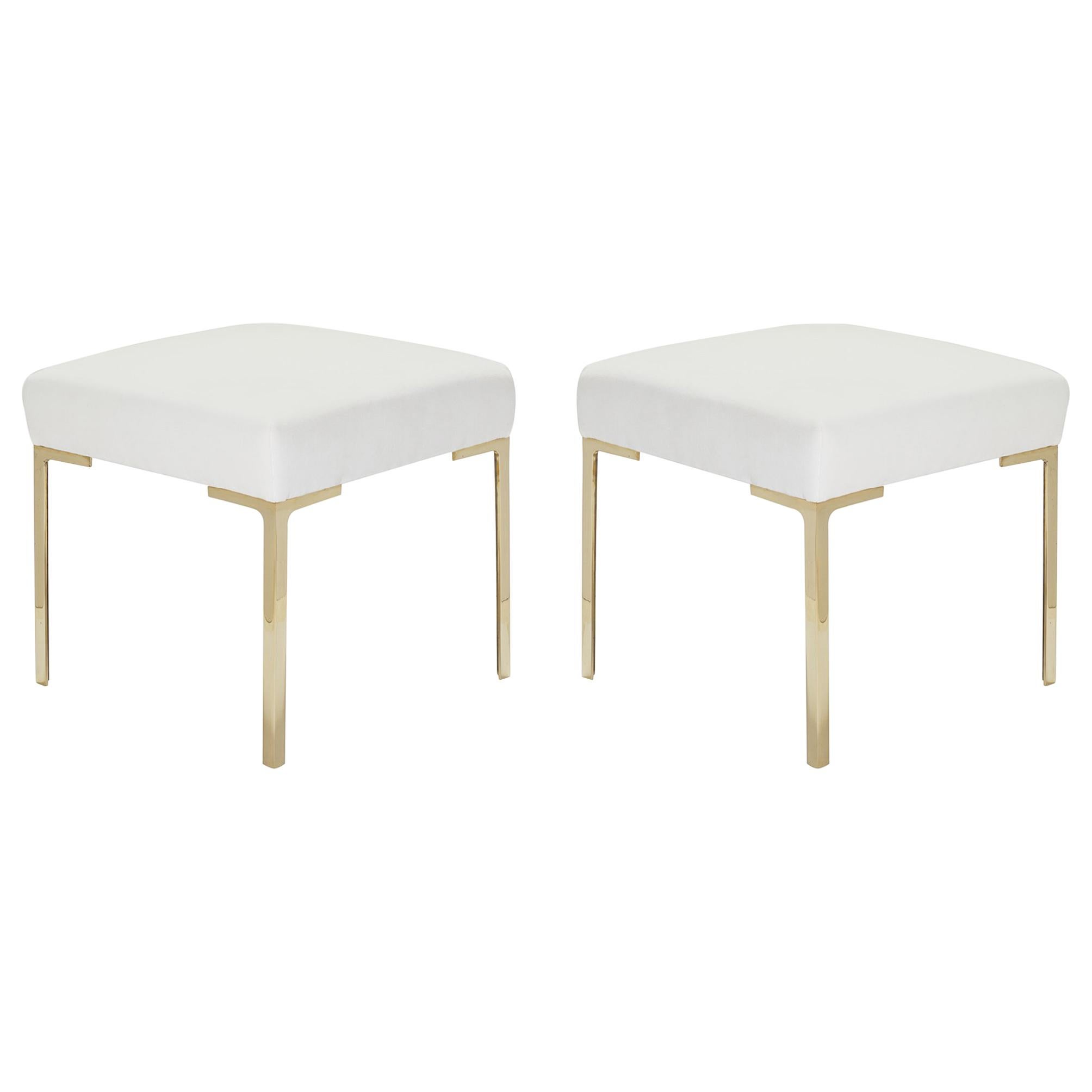 Astor Petite Brass Ottomans in Snow Velvet by Montage, Pair For Sale