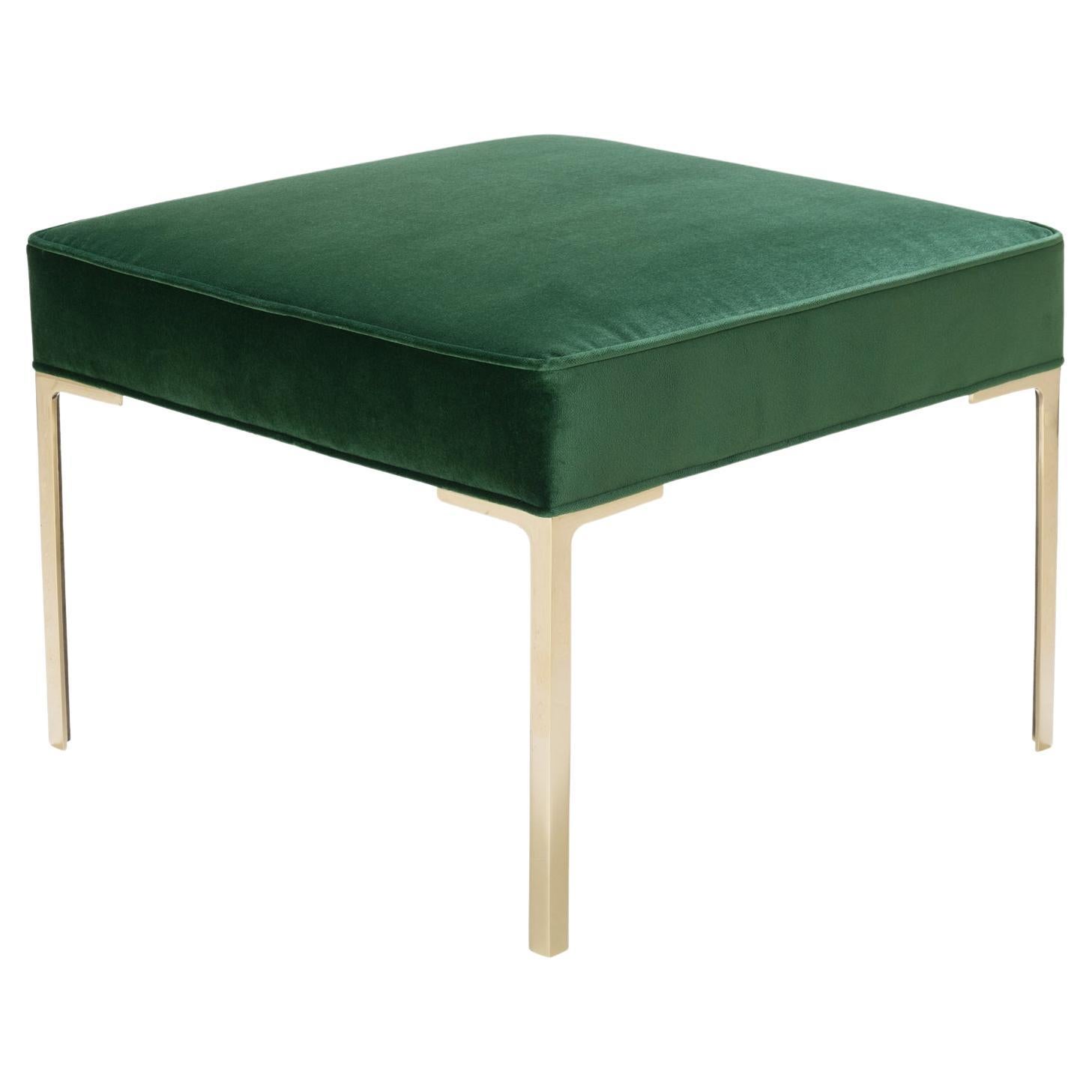 Astor Square Brass Ottoman in Emerald Velvet by Montage For Sale