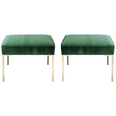 Astor Square Brass Ottomans in Emerald Velvet by Montage, Pair