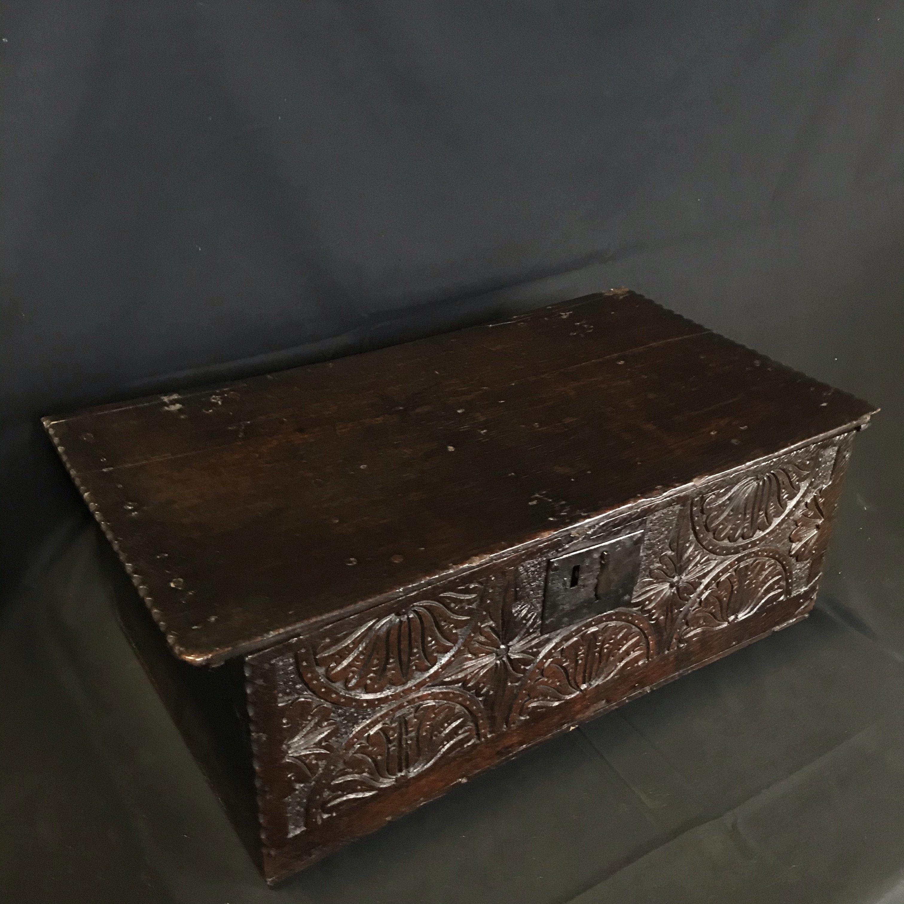 British 17th century bible box - early oak with beautiful carvings. Six solid wood slab sides. Bought in the north of England.
#5329.
