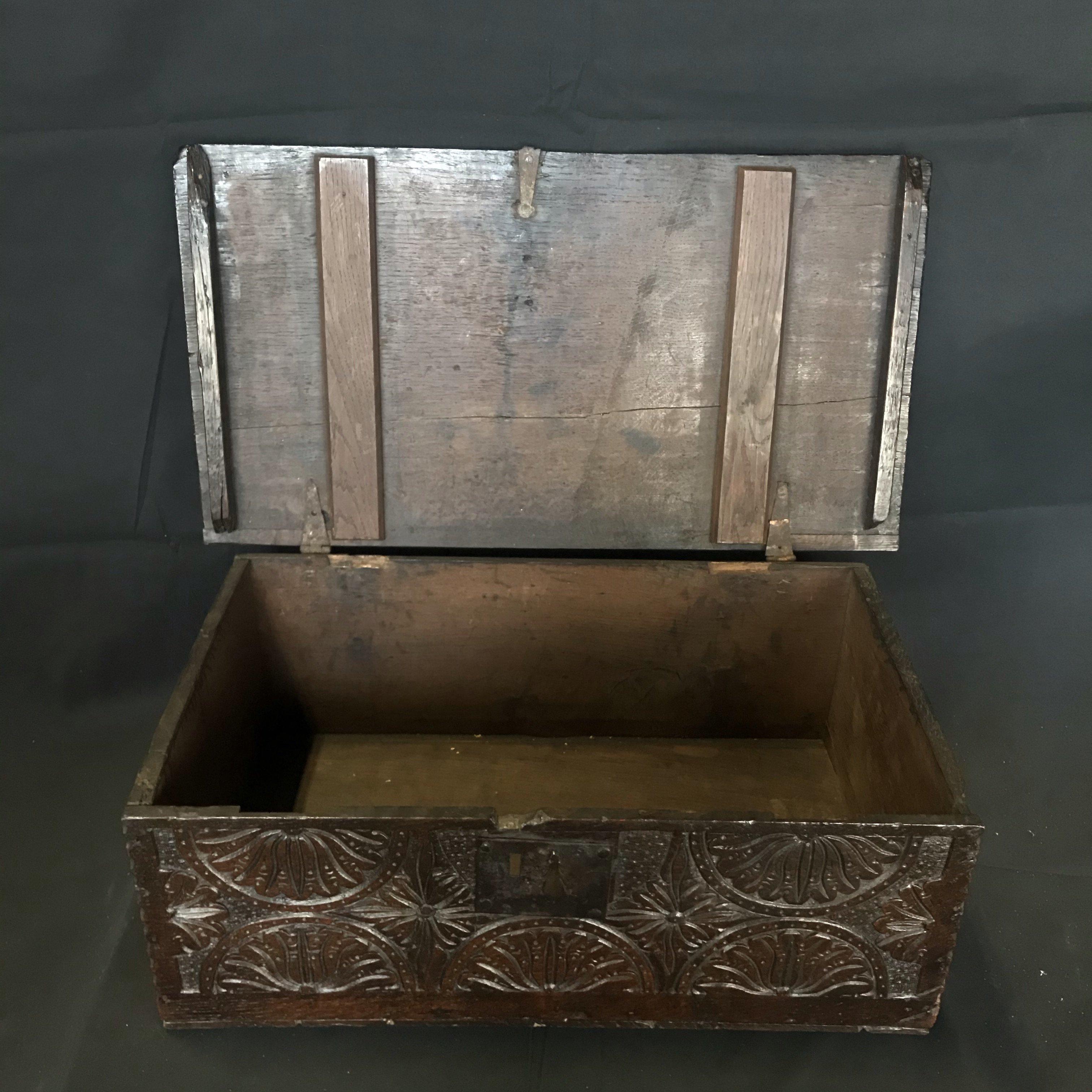 Oak Astounding Ancient British 17th Century Bible Box For Sale