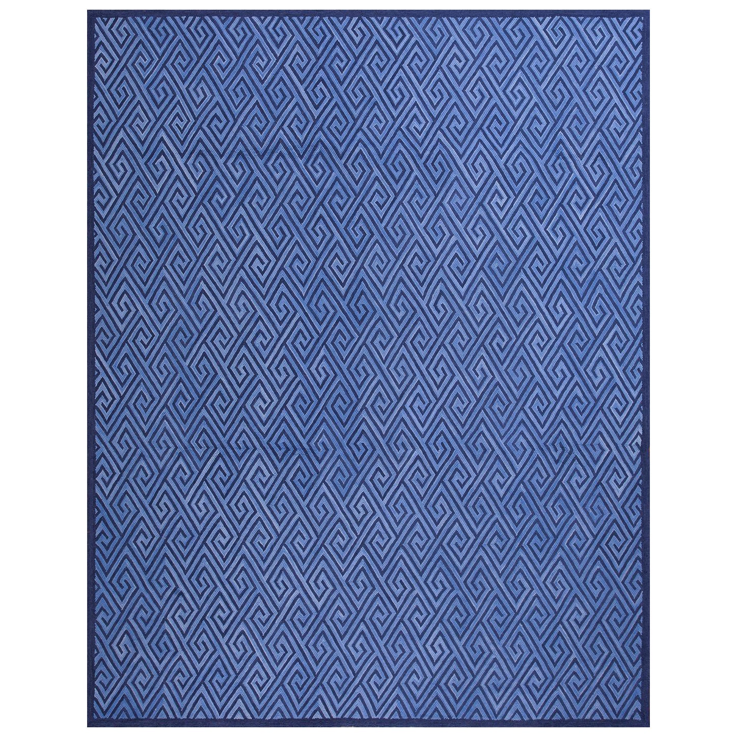 Astounding Blue Color Geometric Pattern Contemporary American Hooked Rug 8 x 10