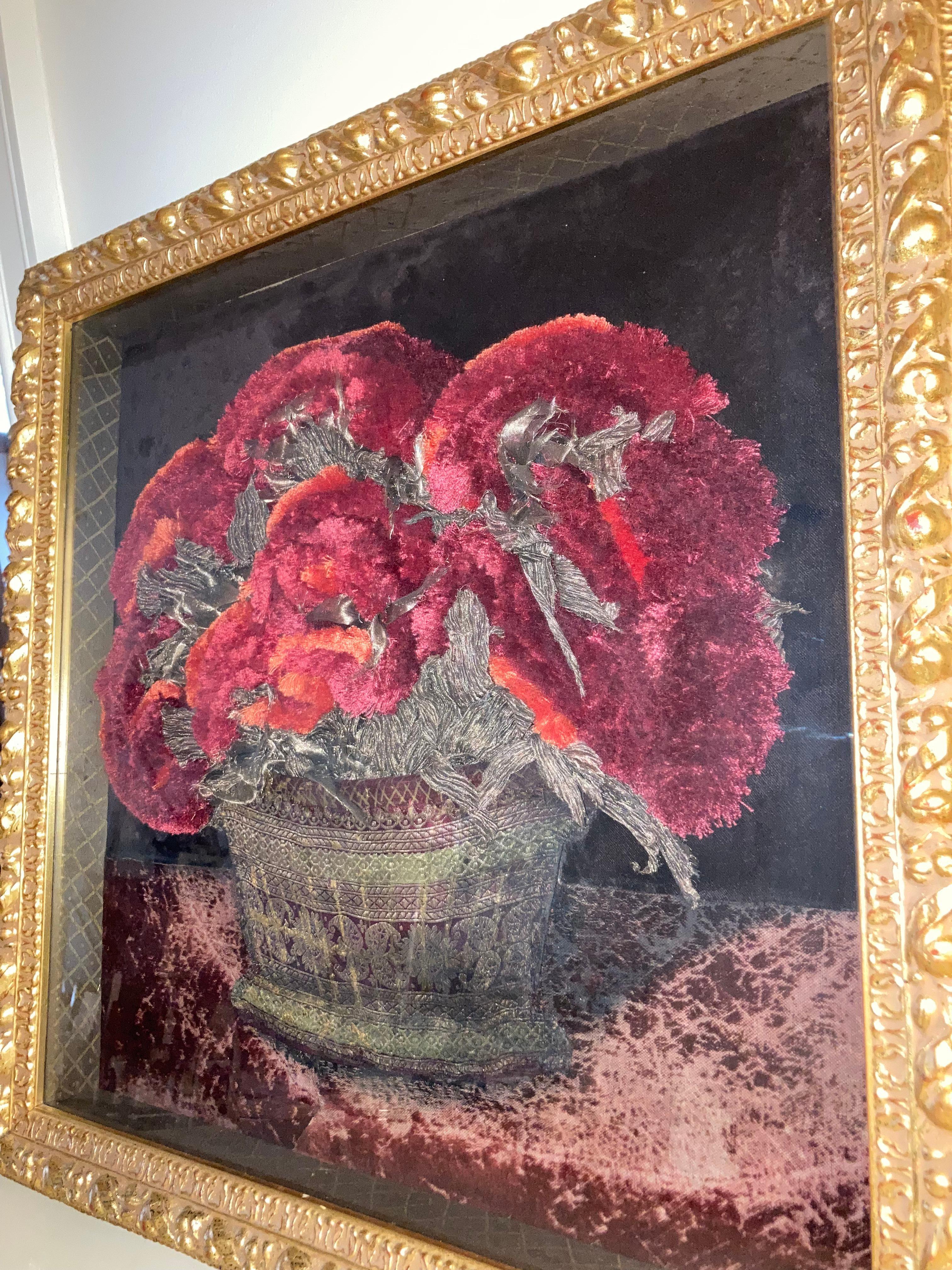 Incredibly crafted shadow box artwork by renowned Italian artist Patrizia Medail. ?The artist’s works are created with antique fabric fragments and other mixed media such as old prints, musical scores, cotton fringes, pieces of ancient rugs , straw,