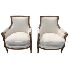 Astounding Pair of Walnut and Newly Upholstered French Bergères Club Chairs