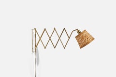 Astra, Adjustable Wall Light, Brass, Rattan, Norway, C. 1940s