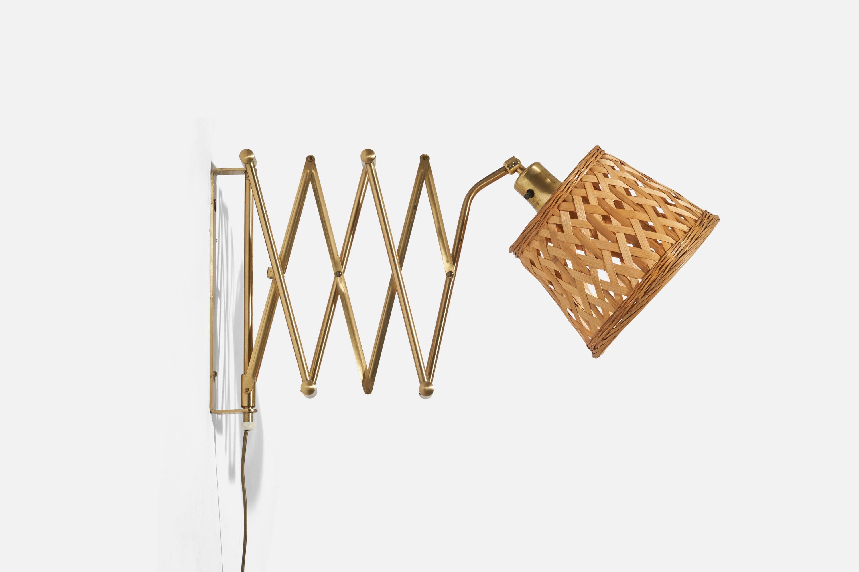 Mid-Century Modern Astra, Adjustable Wall Light, Brass, Rattan, Norway, C. 1940s For Sale