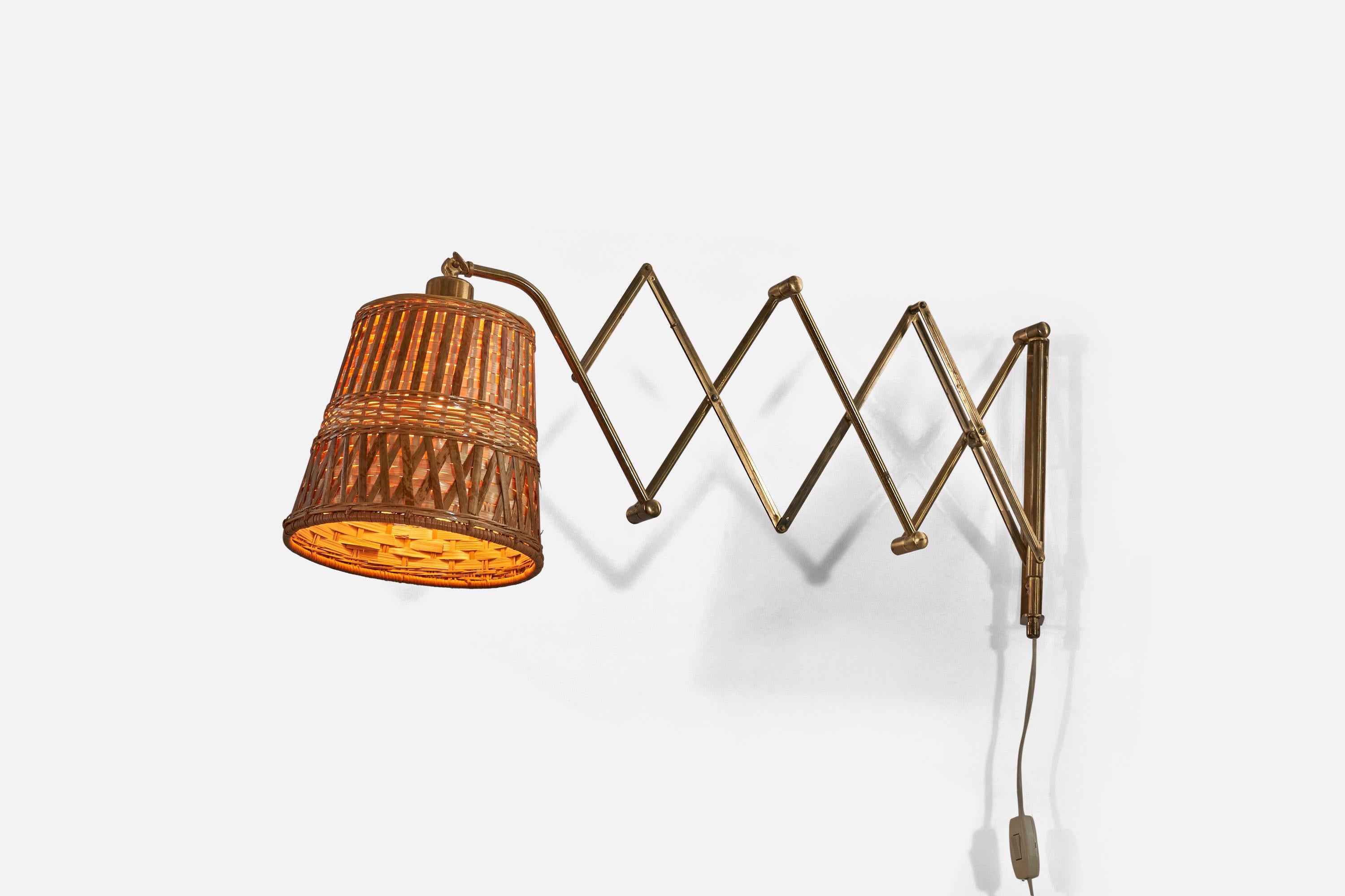 Astra, Adjustable Wall Light, Brass, Rattan, Norway, C. 1940s In Good Condition In High Point, NC