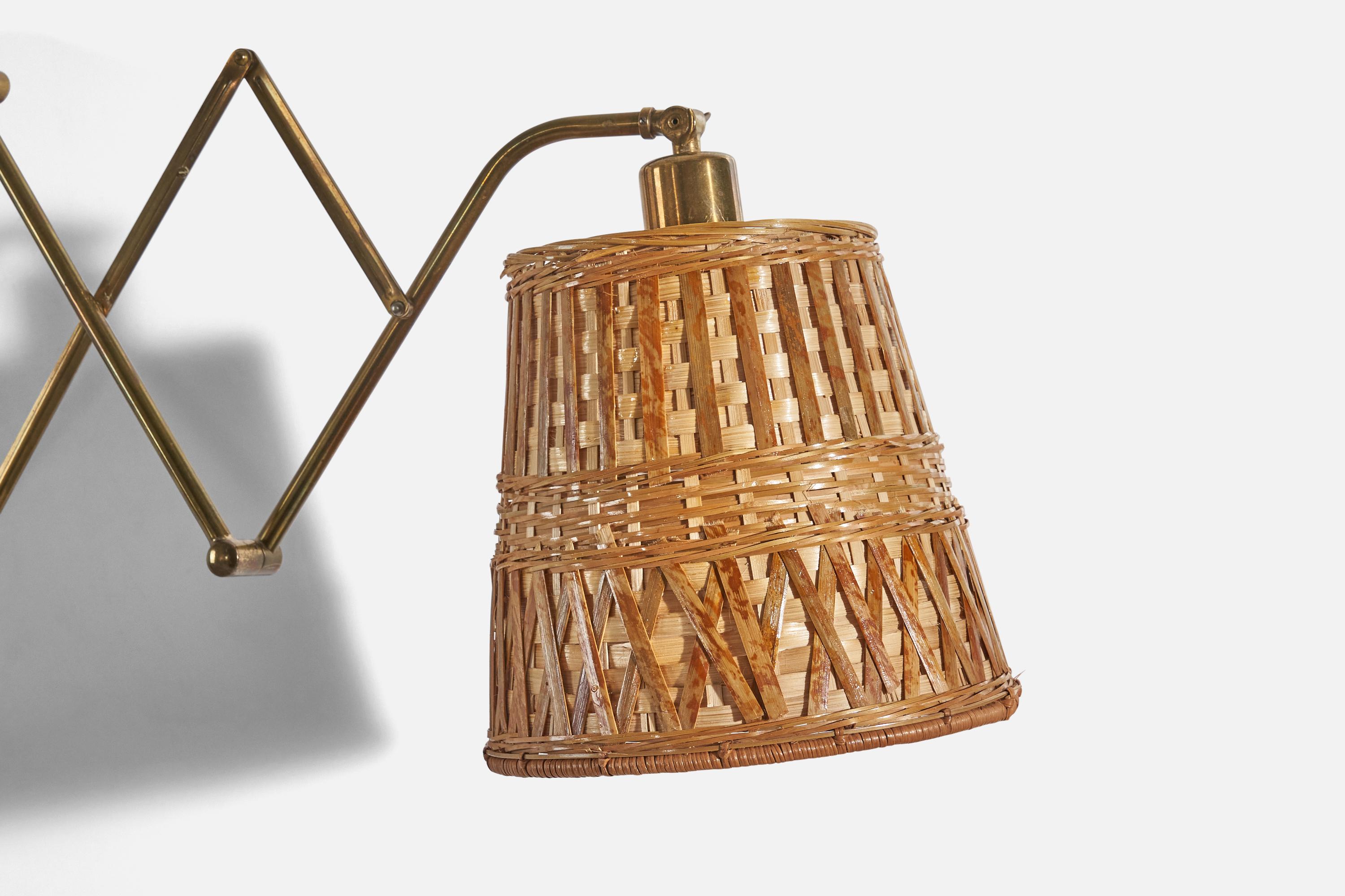 Mid-20th Century Astra, Adjustable Wall Light, Brass, Rattan, Norway, C. 1940s