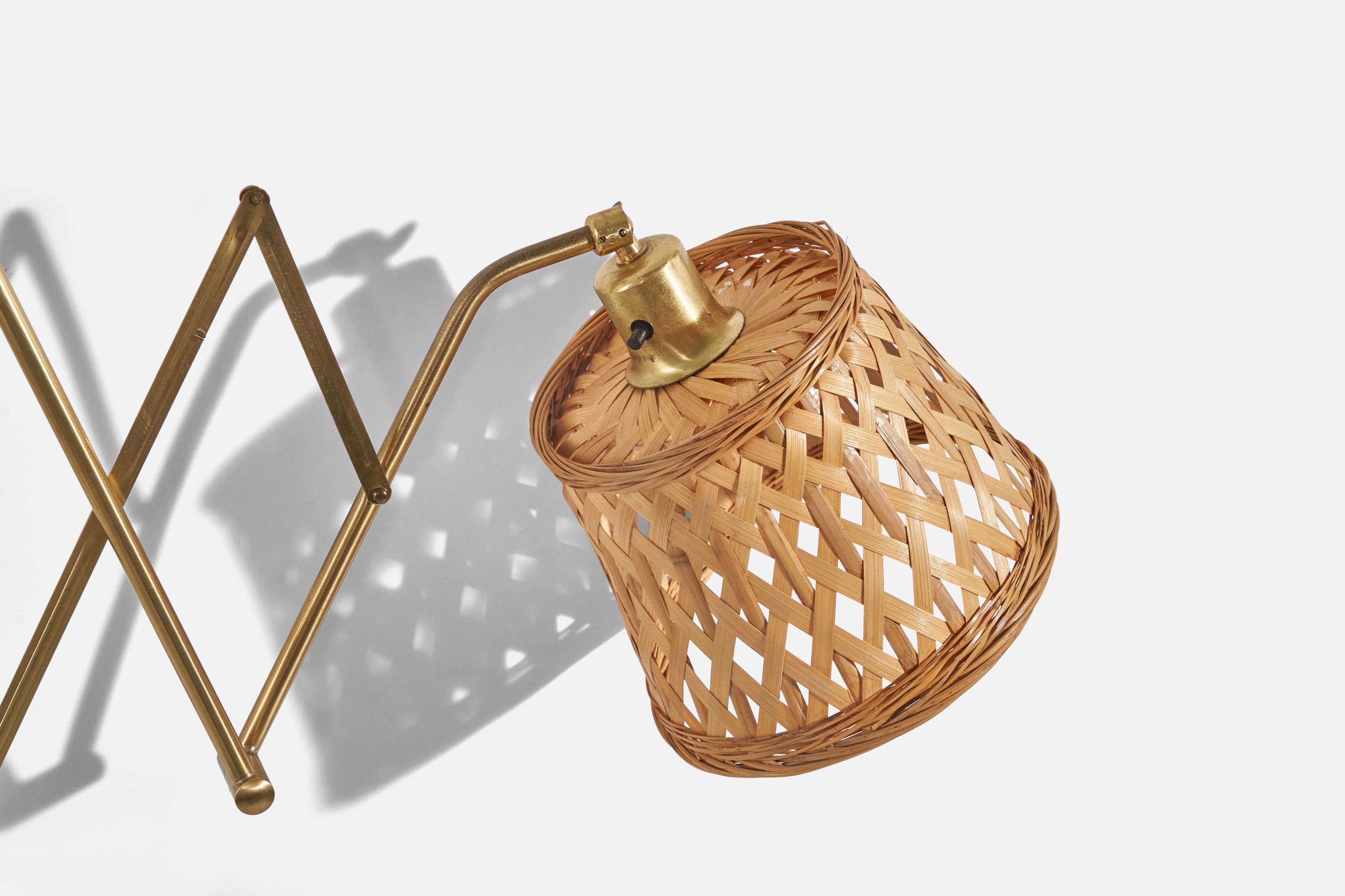 Mid-20th Century Astra, Adjustable Wall Light, Brass, Rattan, Norway, C. 1940s For Sale