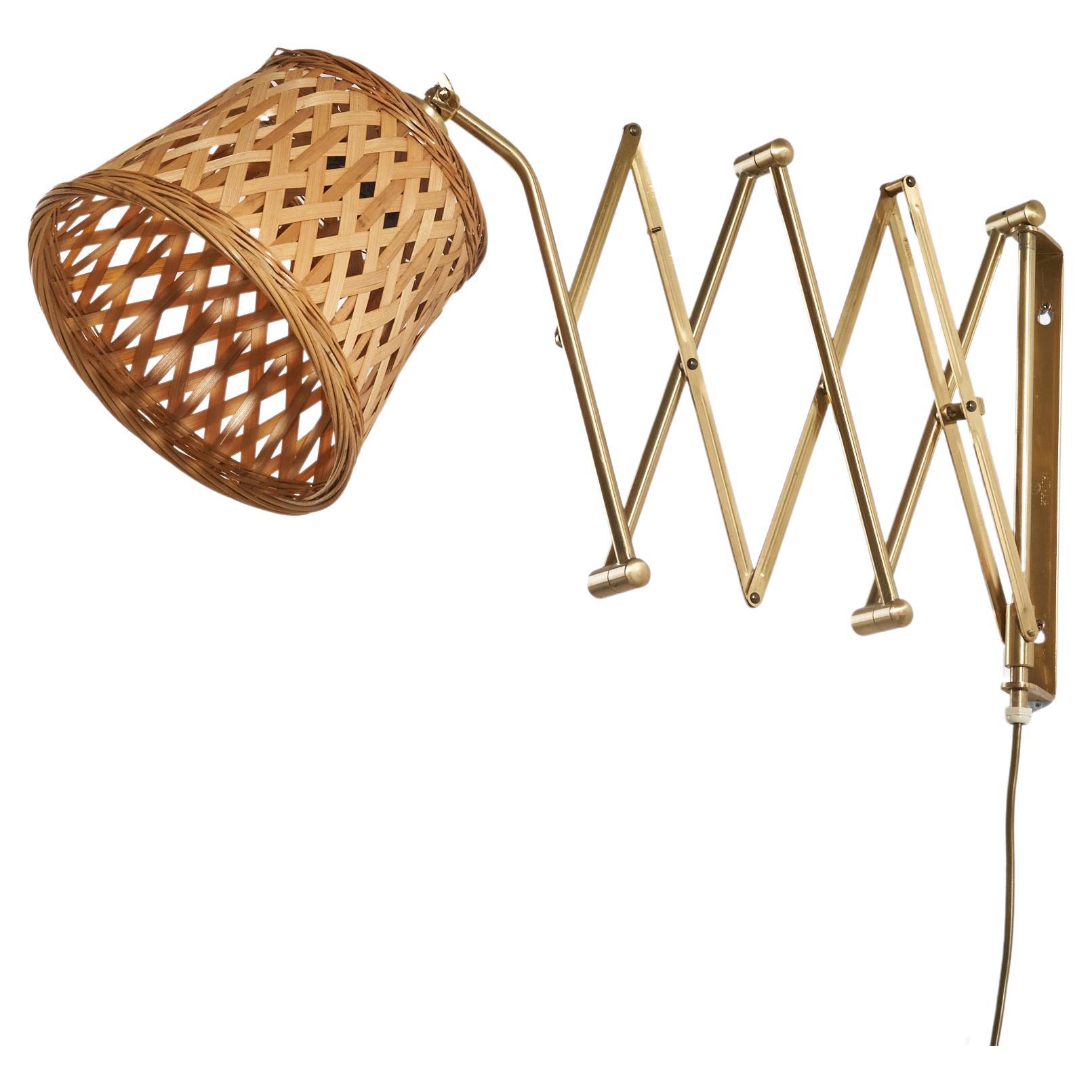 Astra, Adjustable Wall Light, Brass, Rattan, Norway, C. 1940s For Sale