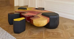 Astra Low Table in Natural Oak Veneer, Straw Marquetry and Lacquer by Pendhapa