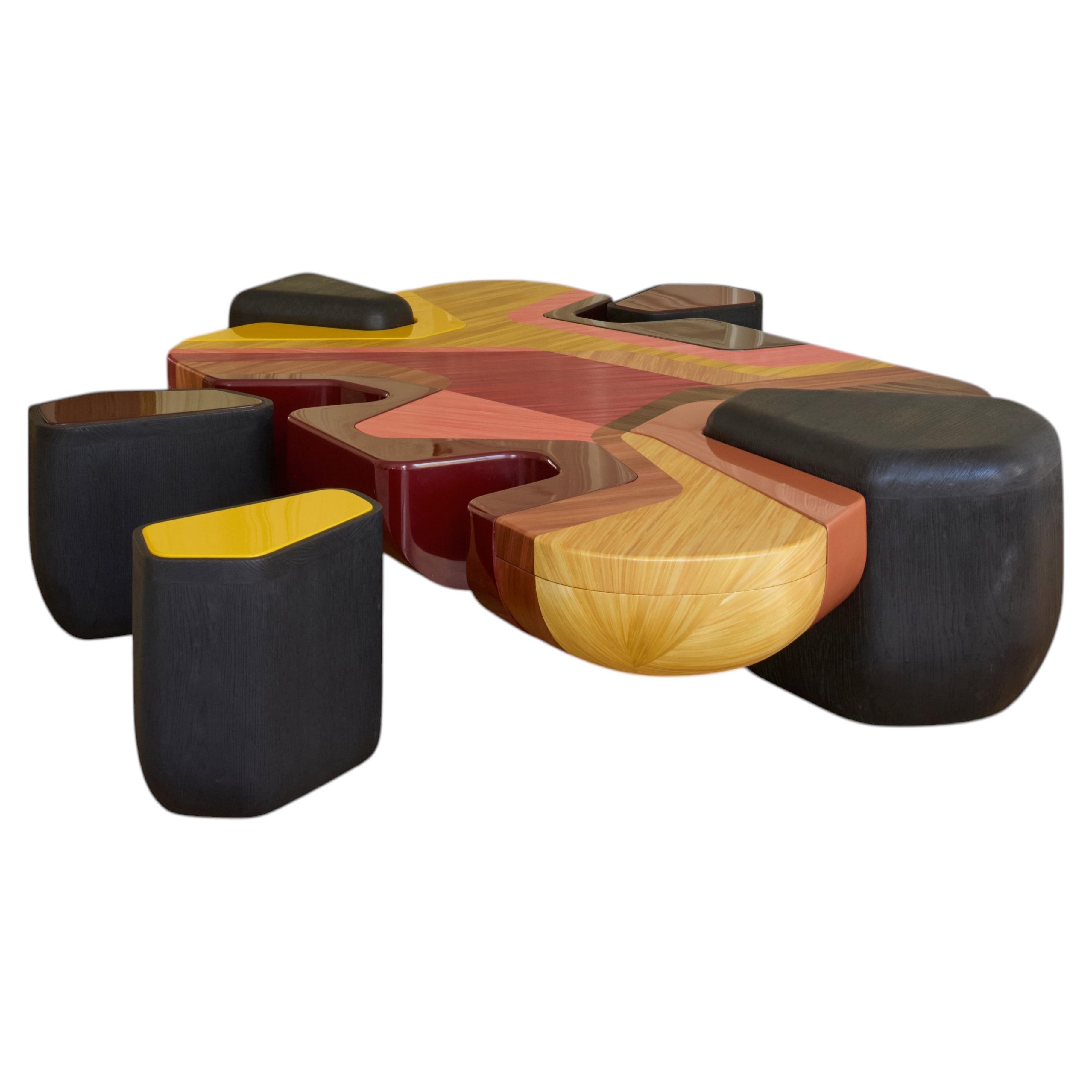 Astra Low Table in Natural Oak Veneer, Straw Marquetry and Lacquer by Pendhapa