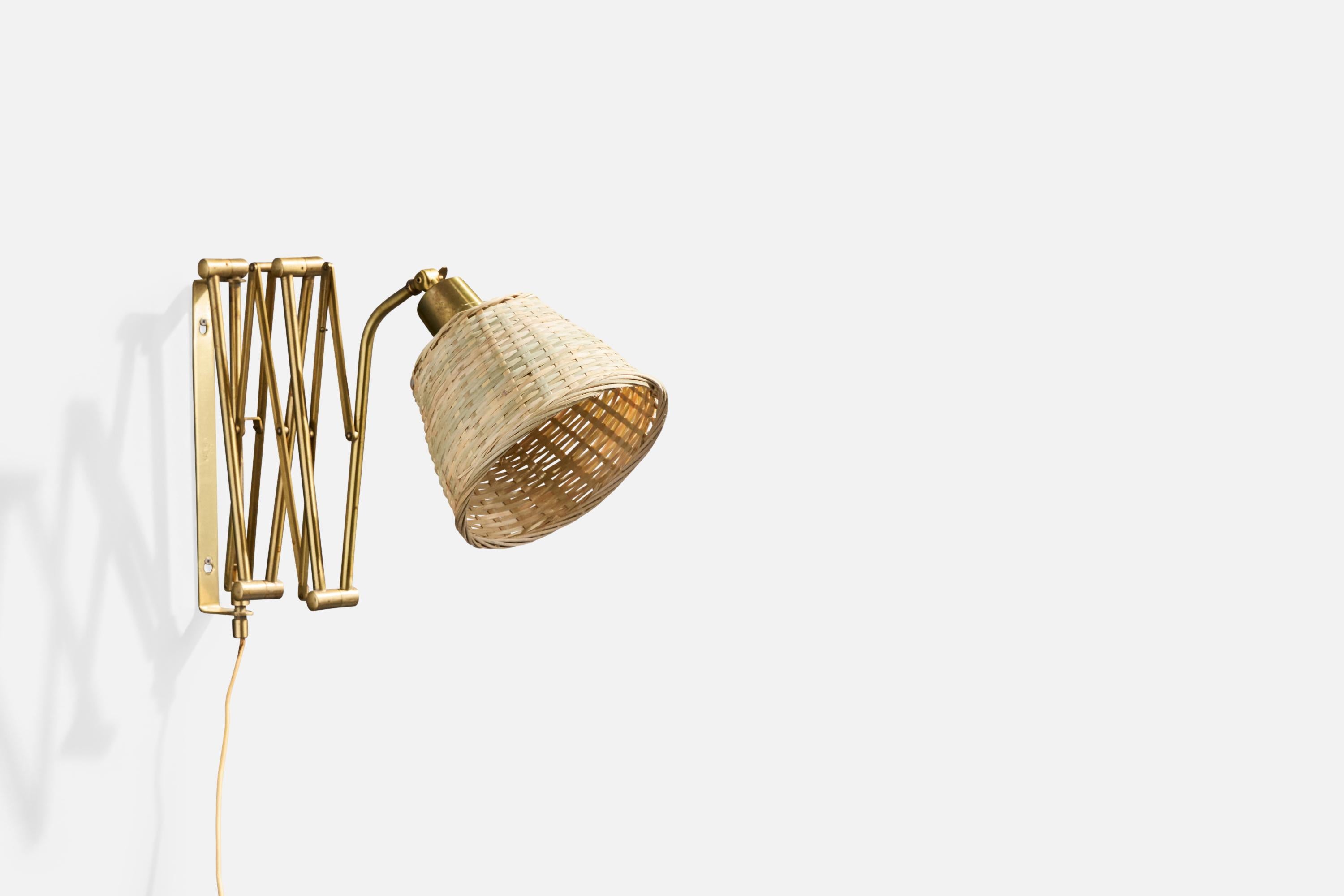 Scandinavian Modern Astra, Wall Light, Brass, Rattan, Norway, 1950s For Sale