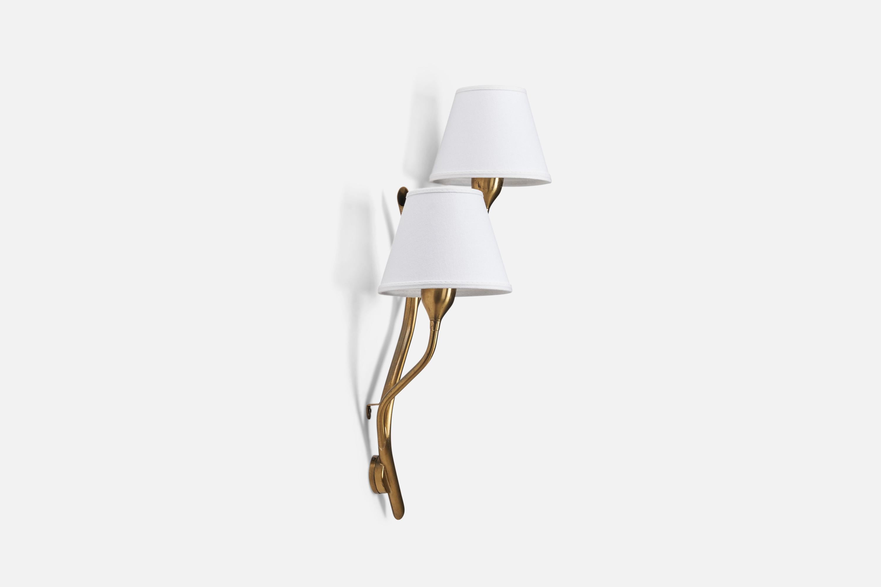 Norwegian Astra, Wall Light, Brass, White Fabric, Norway, 1950s For Sale