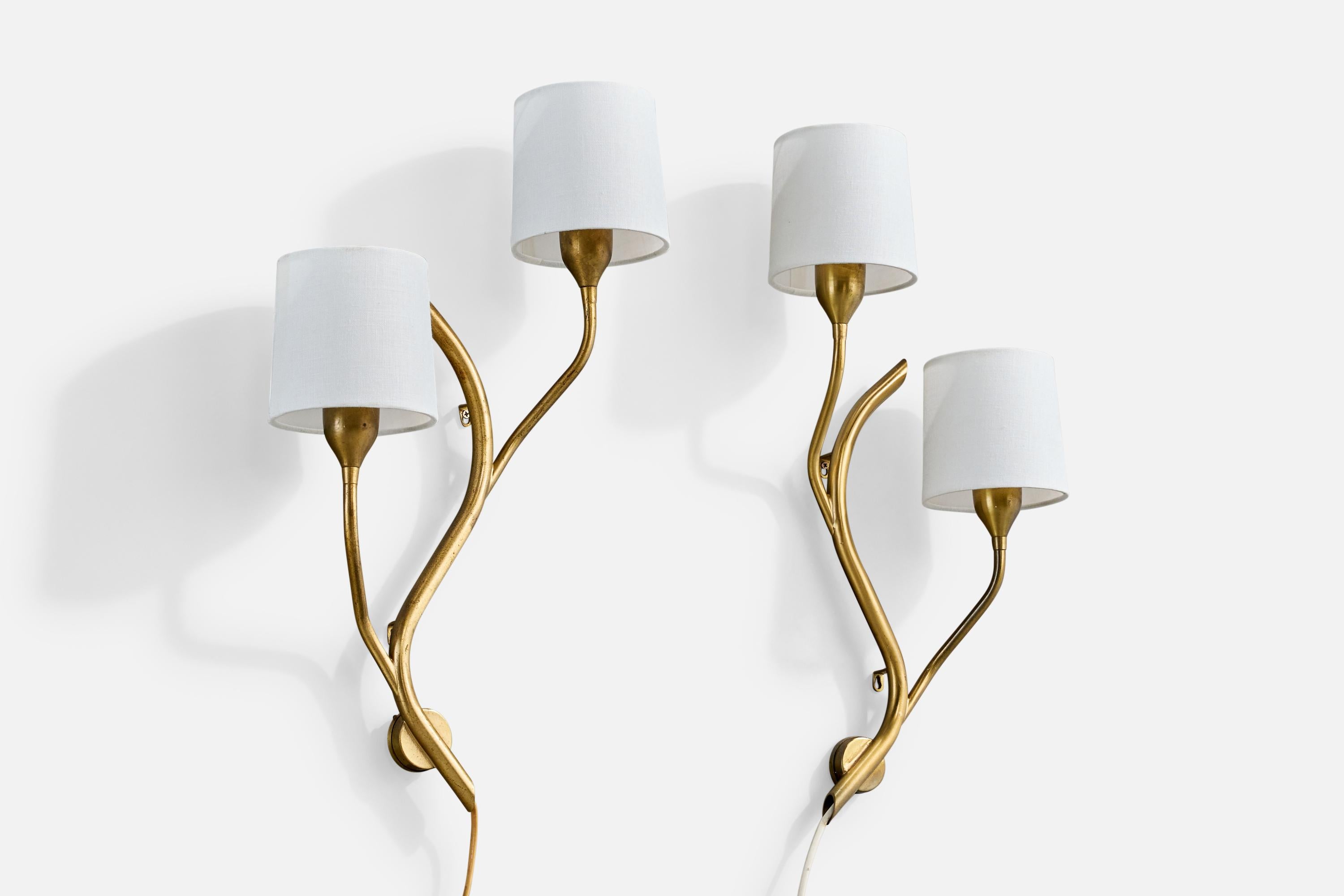 Mid-Century Modern Astra, Wall Lights, Brass, Fabric, Norway, 1950s For Sale